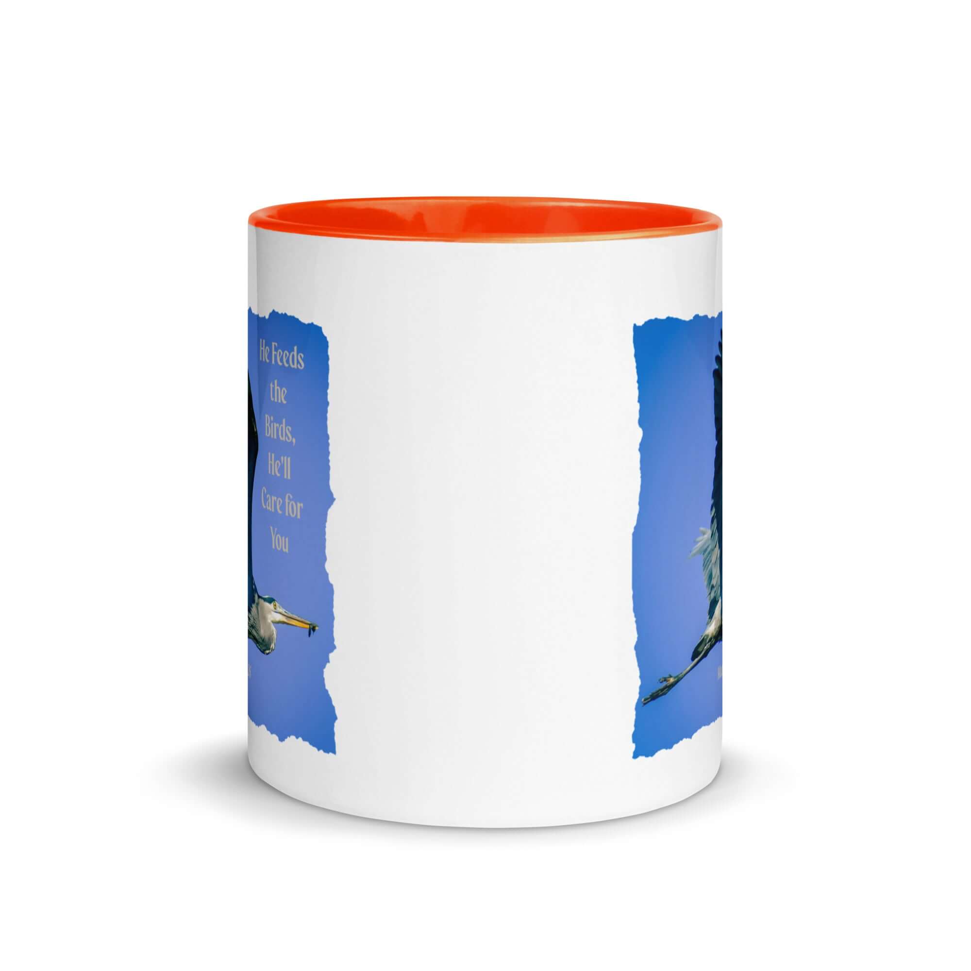 Matthew 6:26 Graceful Heron, He'll Care for You White Ceramic Mug with Color Inside
