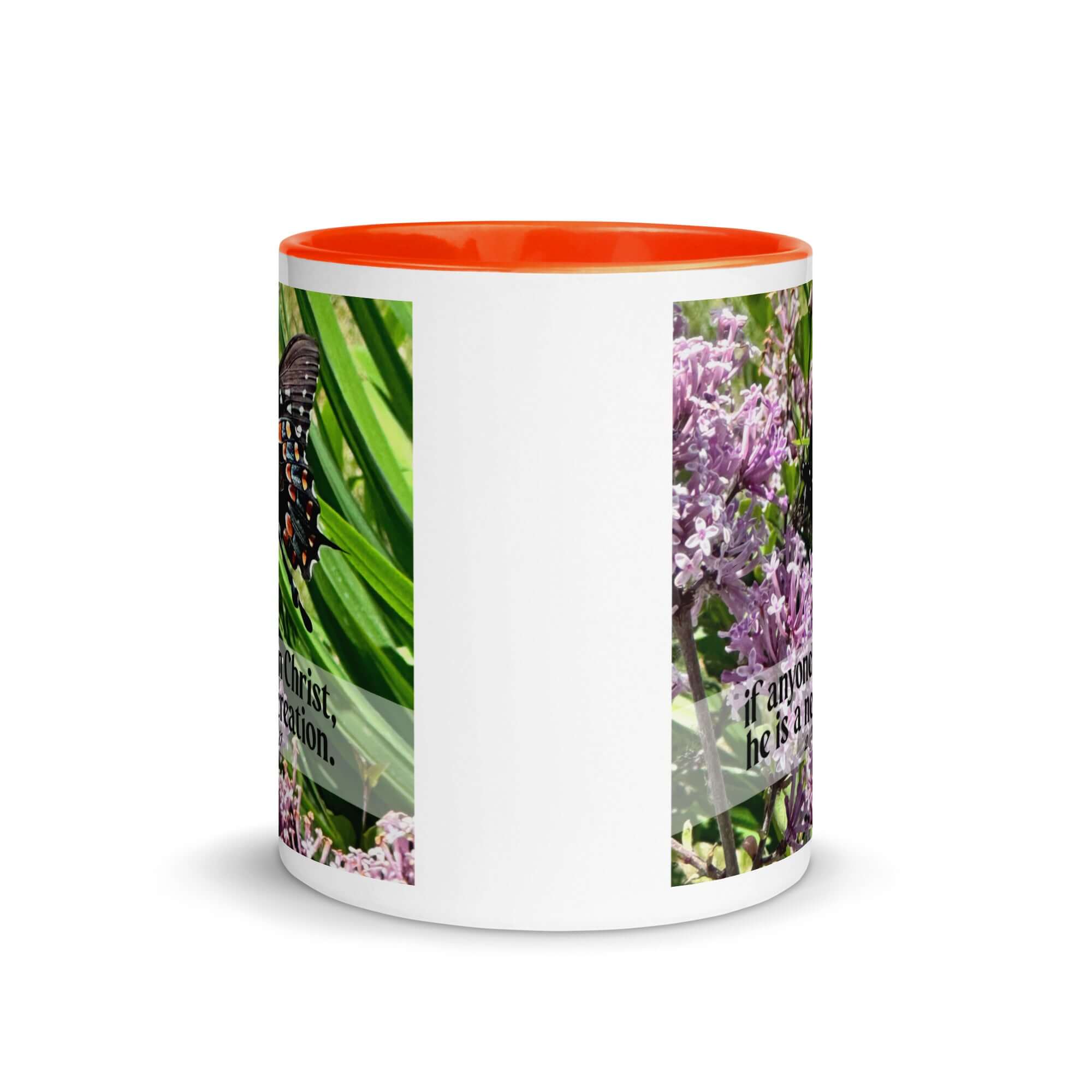 2 Corinthians 5:17 Bible Verse, Butterfly White Ceramic Mug with Color Inside