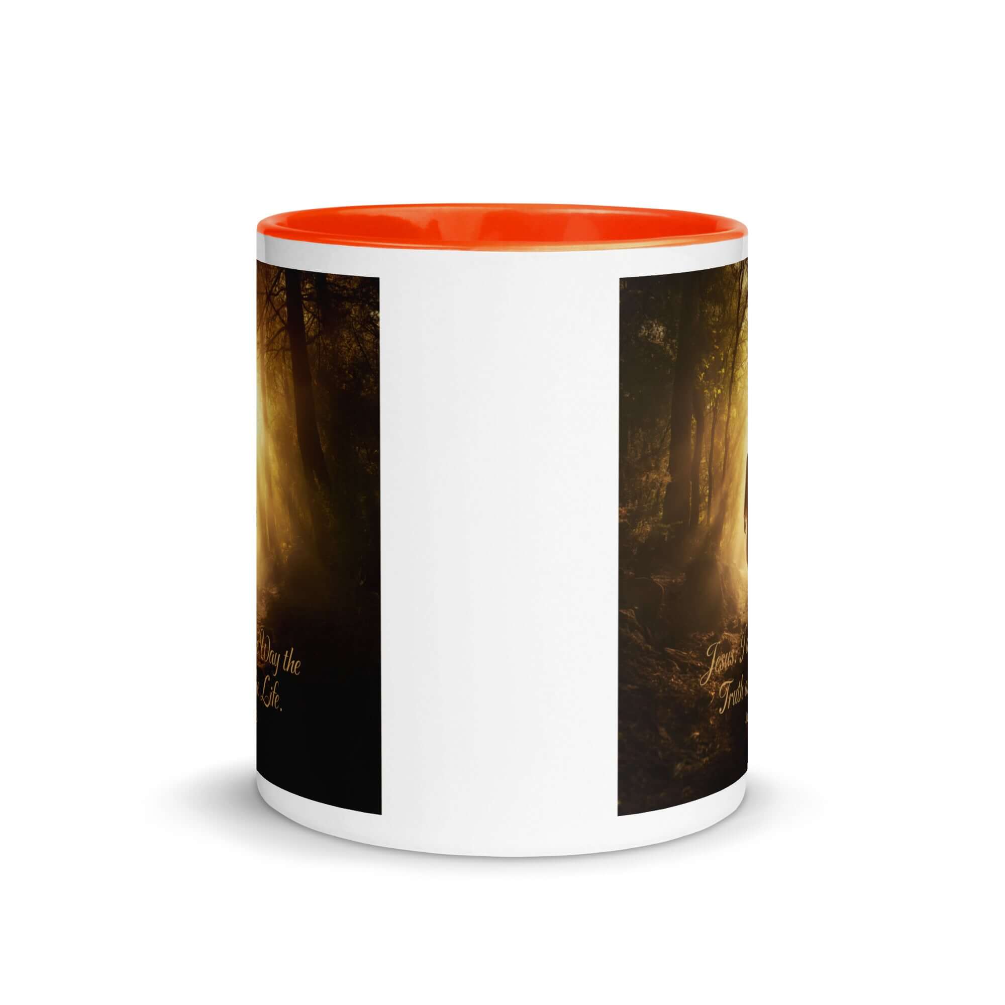 John 14:6 Bible Verse, Forest Image White Ceramic Mug with Color Inside