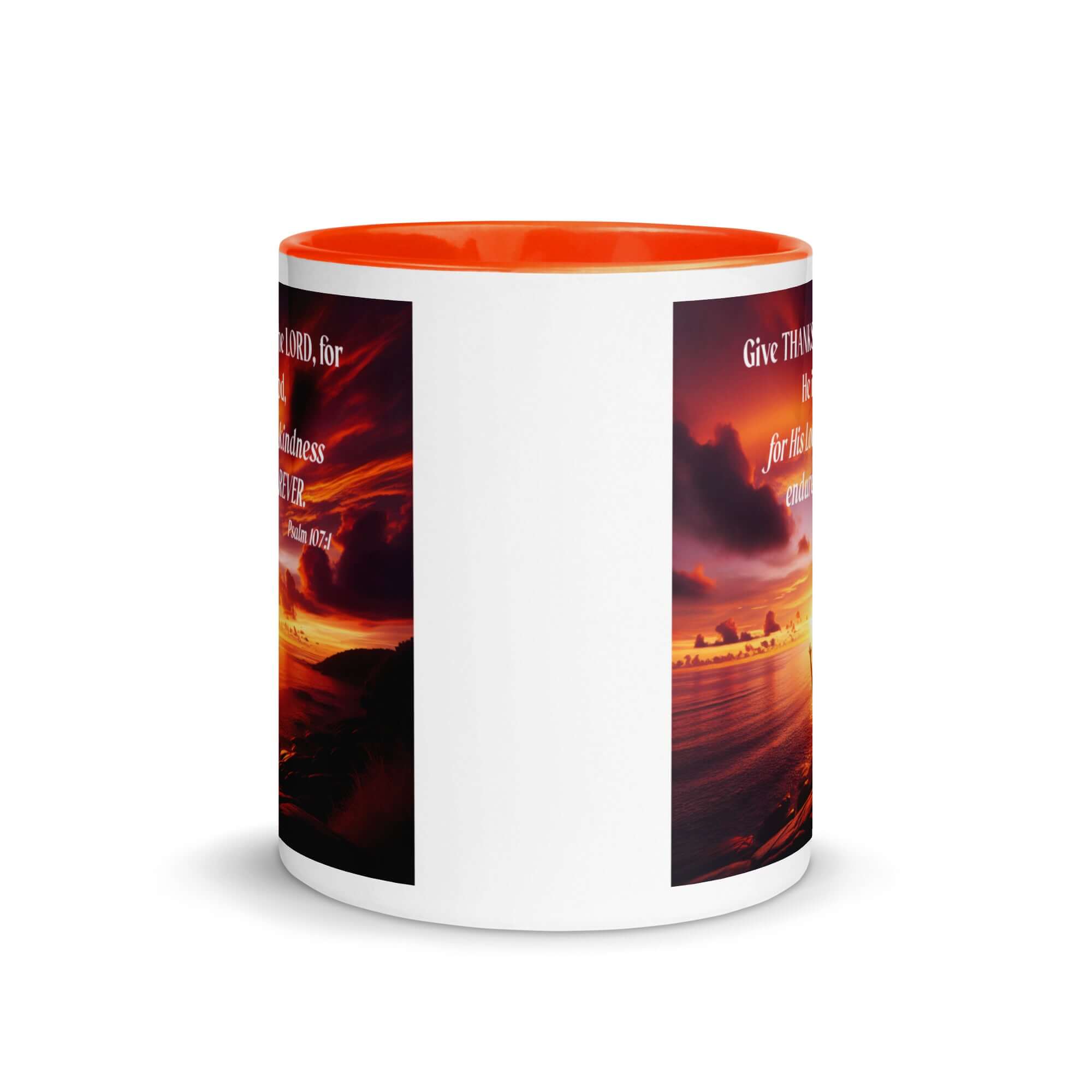 Psalm 107:1 Bible Verse, Give Thanks to the Lord White Ceramic Mug with Color Inside