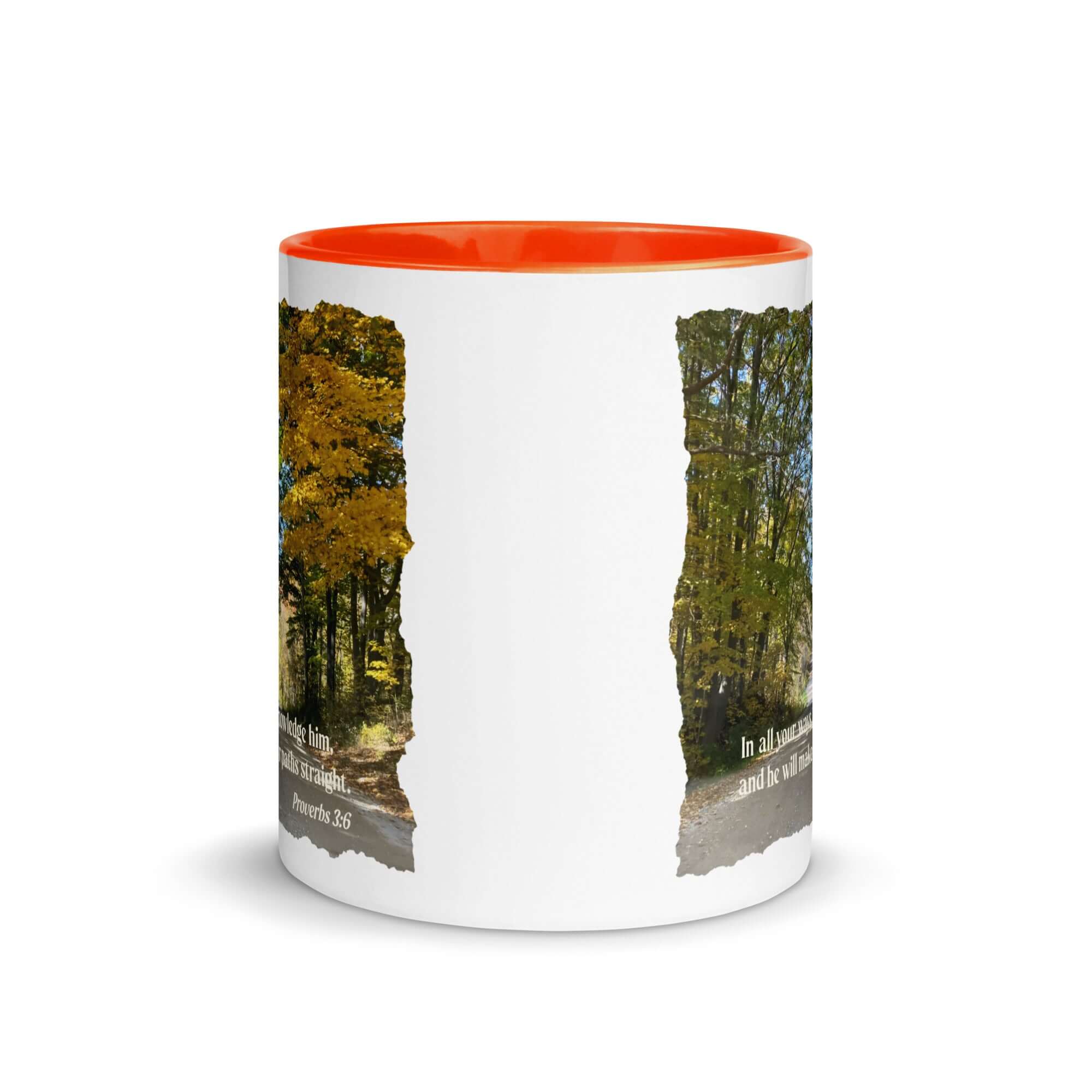 Proverbs 3:6 Bible Verse, Fall Road White Ceramic Mug with Color Inside