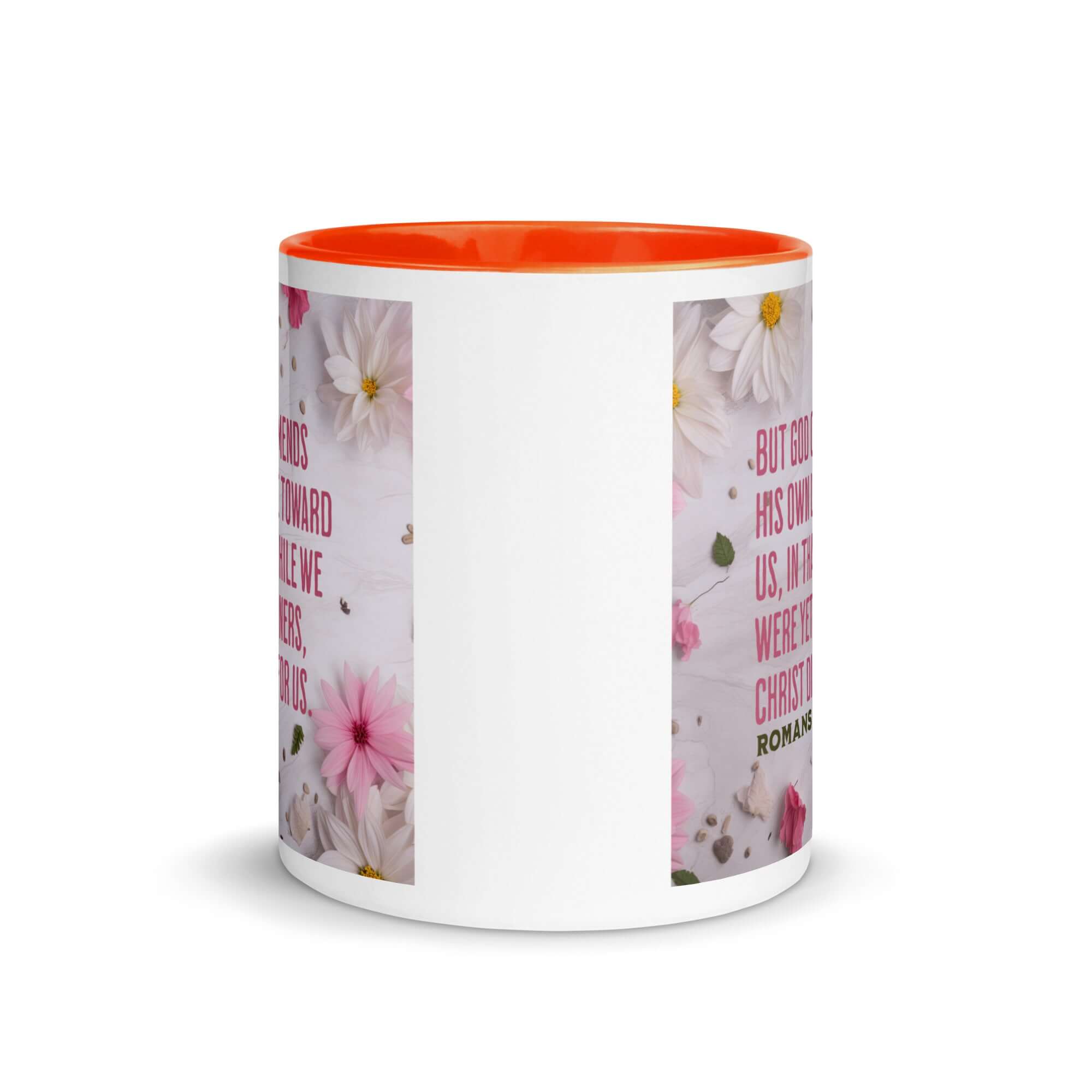 Romans 5:8 Bible Verse, Christ Died for Us White Ceramic Mug with Color Inside