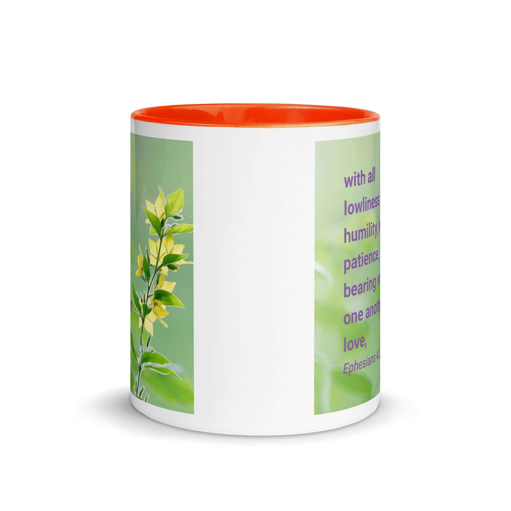 Ephesians 4:2 Bible Verse, one another in love White Ceramic Mug with Color Inside