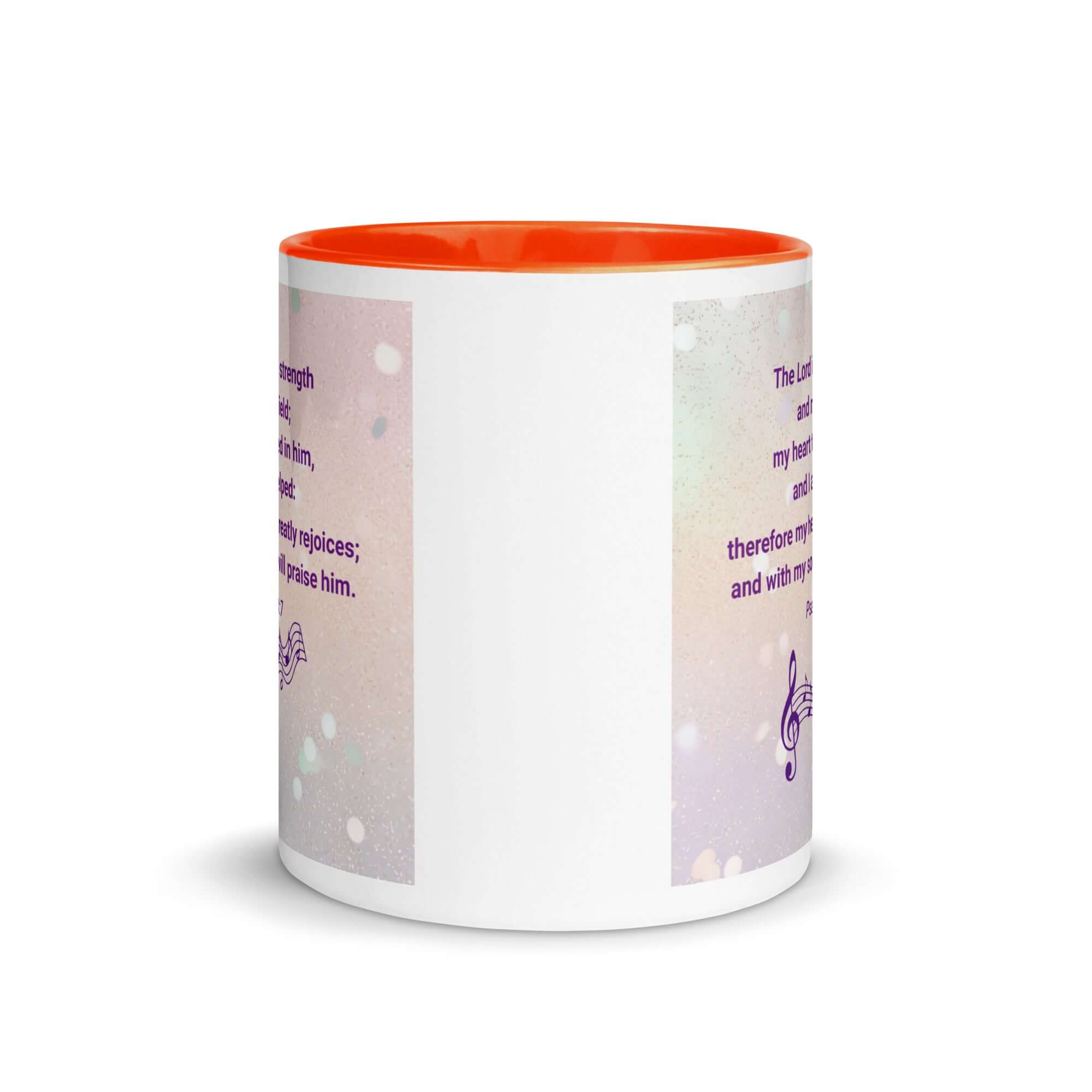 Psalm 28:7 Bible Verse, I will praise Him White Ceramic Mug with Color Inside