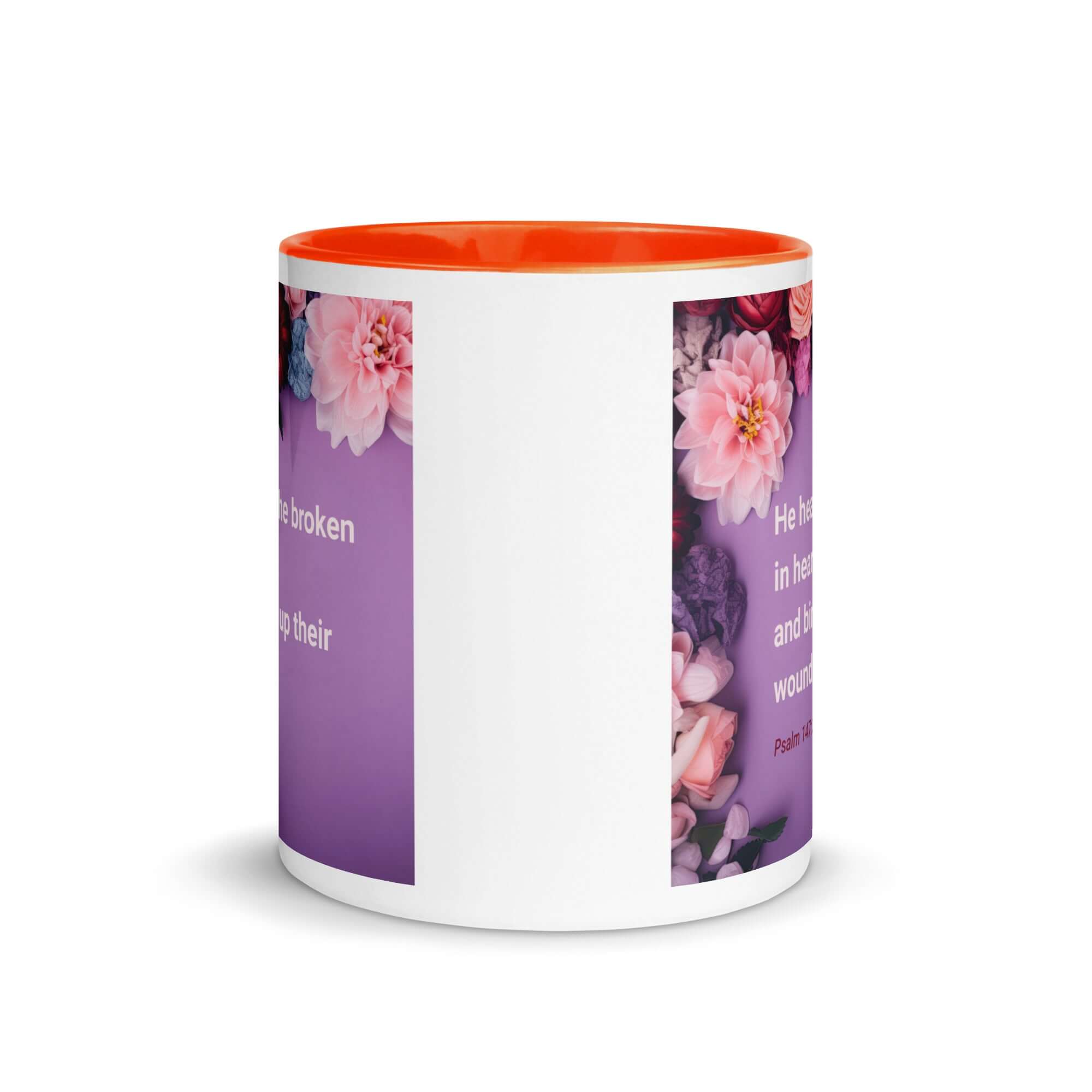 Psalm 147:3 Bible Verse, He heals the broken White Ceramic Mug with Color Inside
