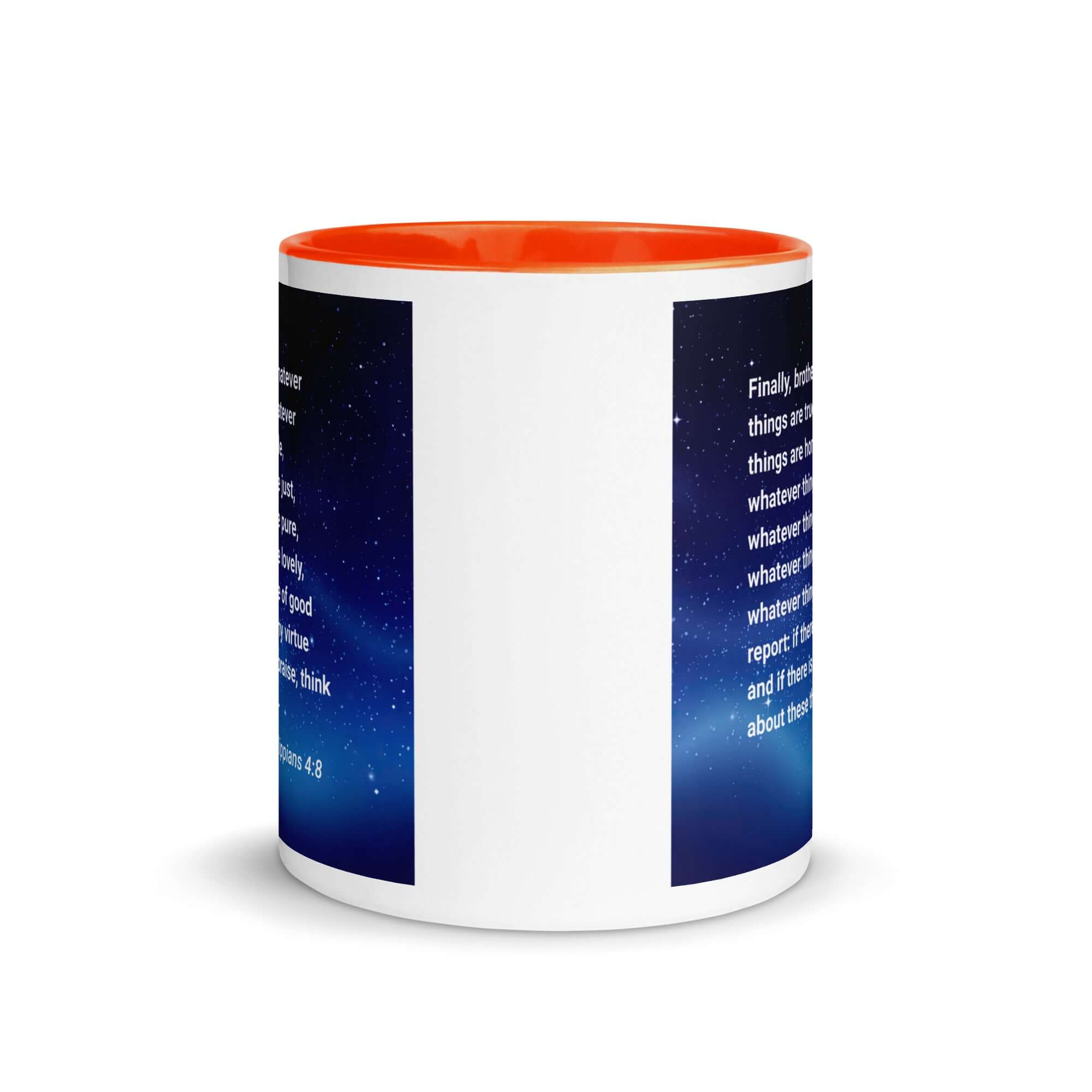 Philippians 4:8 Bible Verse, Think these things White Ceramic Mug with Color Inside