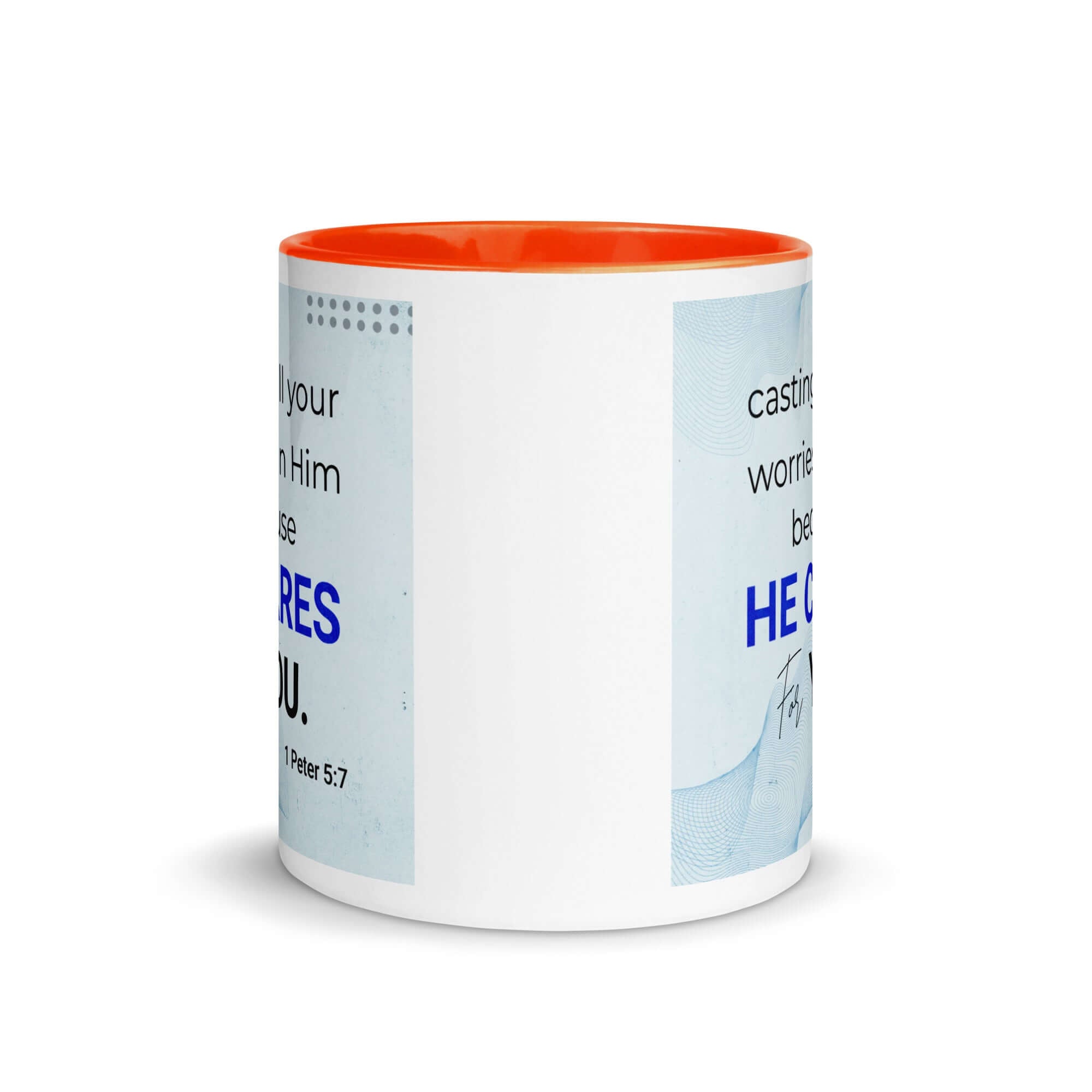 1 Peter 5:7 Bible Verse, casting all your worries on Him White Ceramic Mug with Color Inside