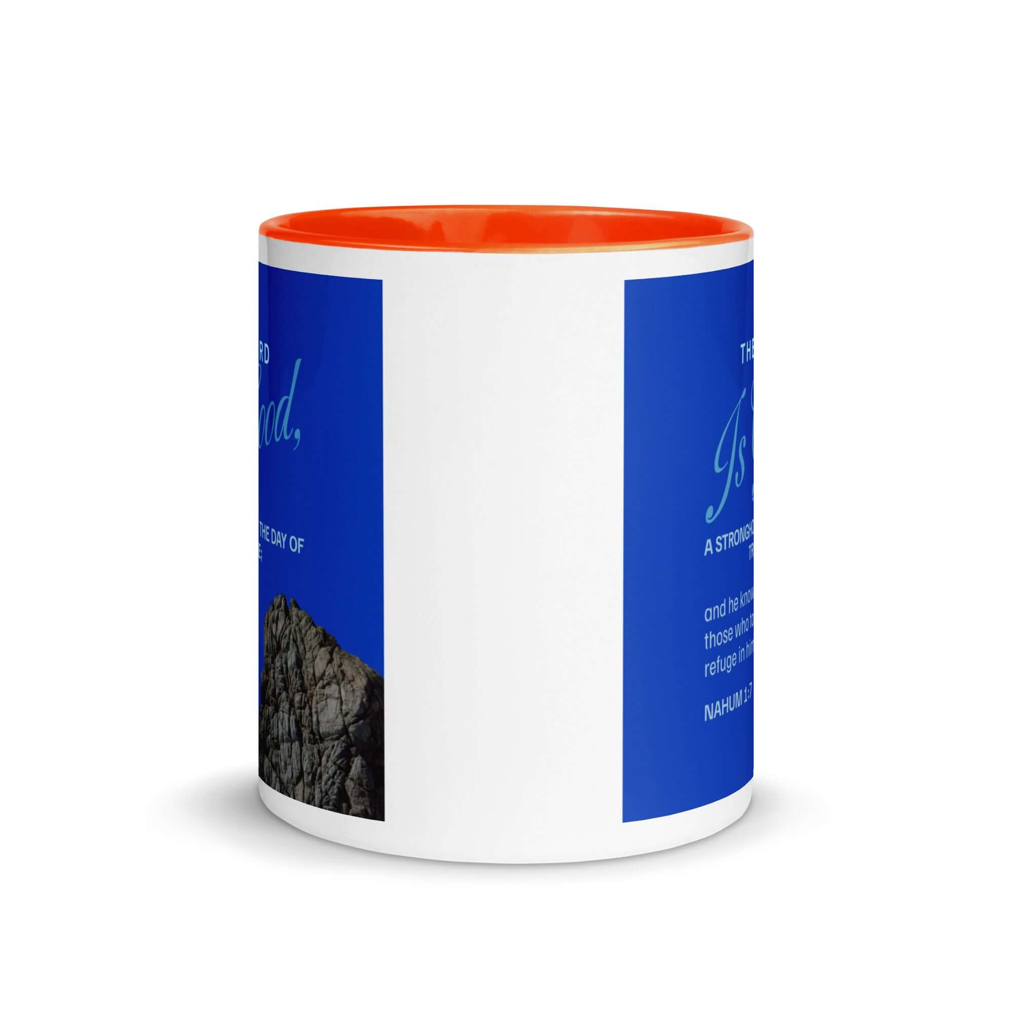 Nahum 1:7 Bible Verse, The LORD is a stronghold White Ceramic Mug with Color Inside