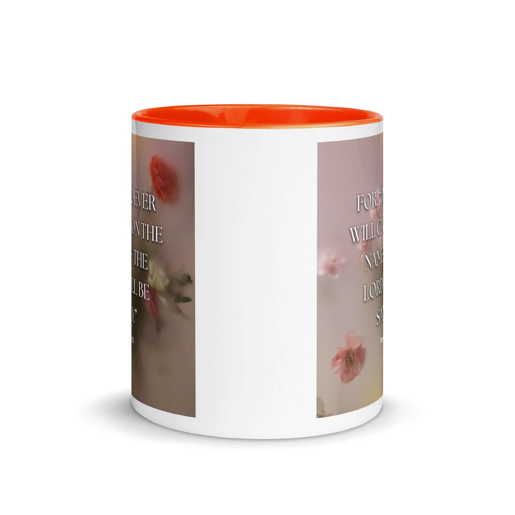 Romans 10:13 Bible Verse, will call White Ceramic Mug with Color Inside