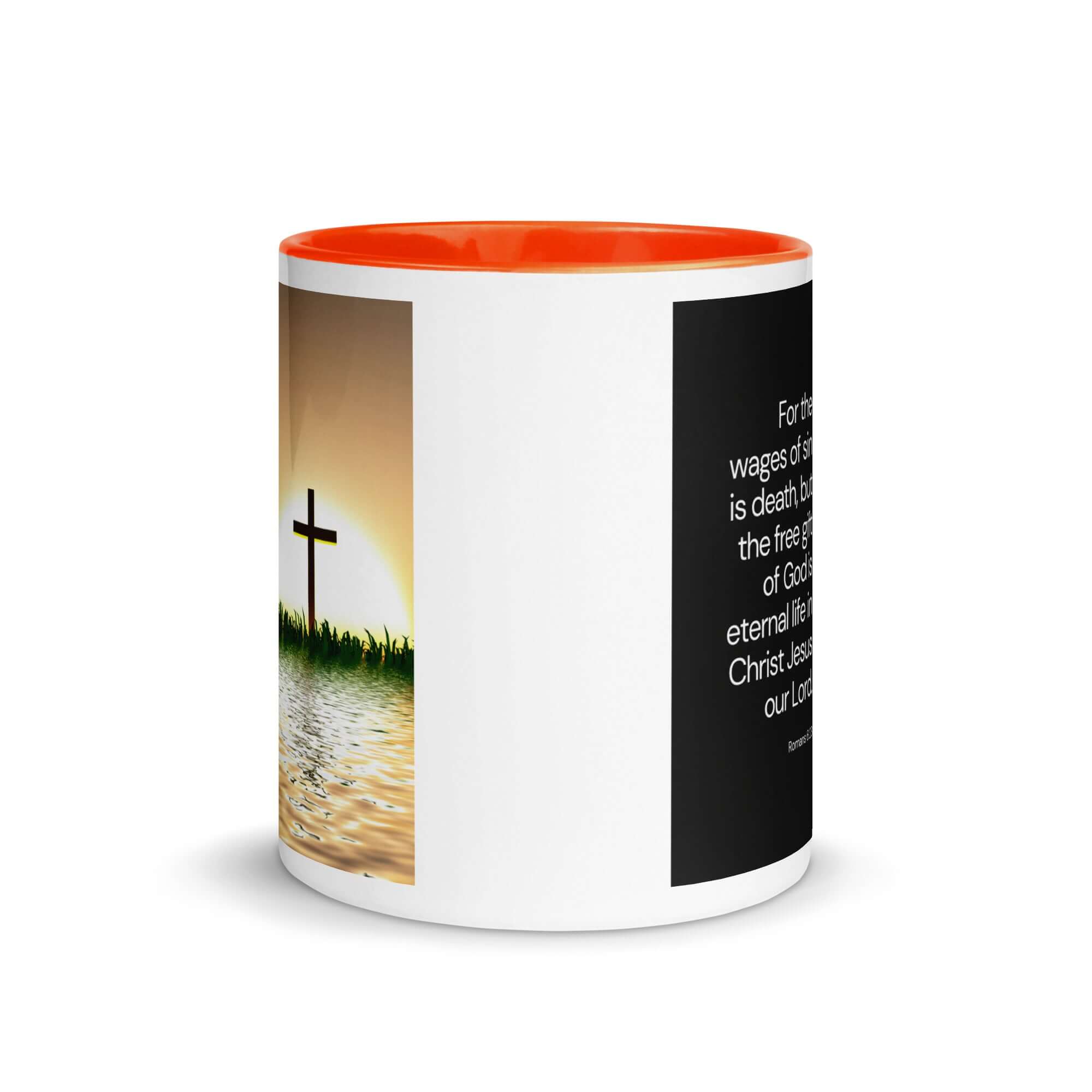 Romans 6:23 Bible Verse, the wages White Ceramic Mug with Color Inside
