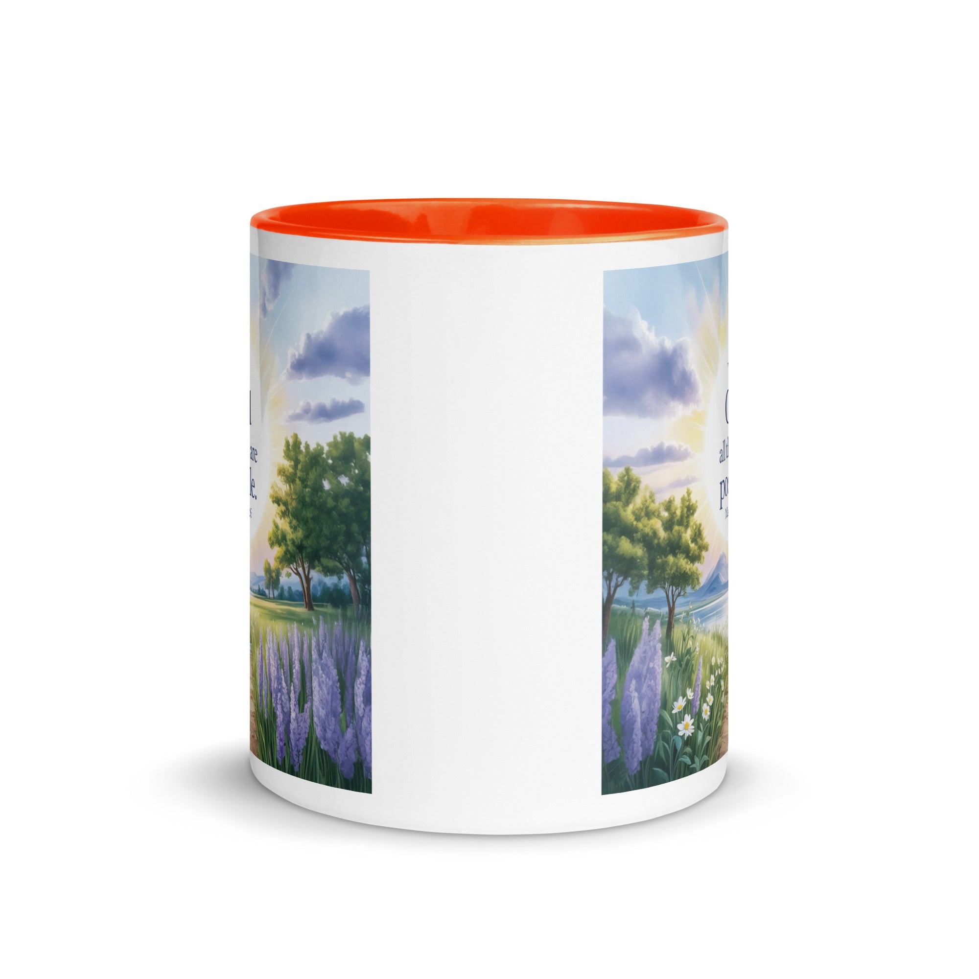 Matthew 19:26 Bible Verse Looking at White Ceramic Mug with Color Inside