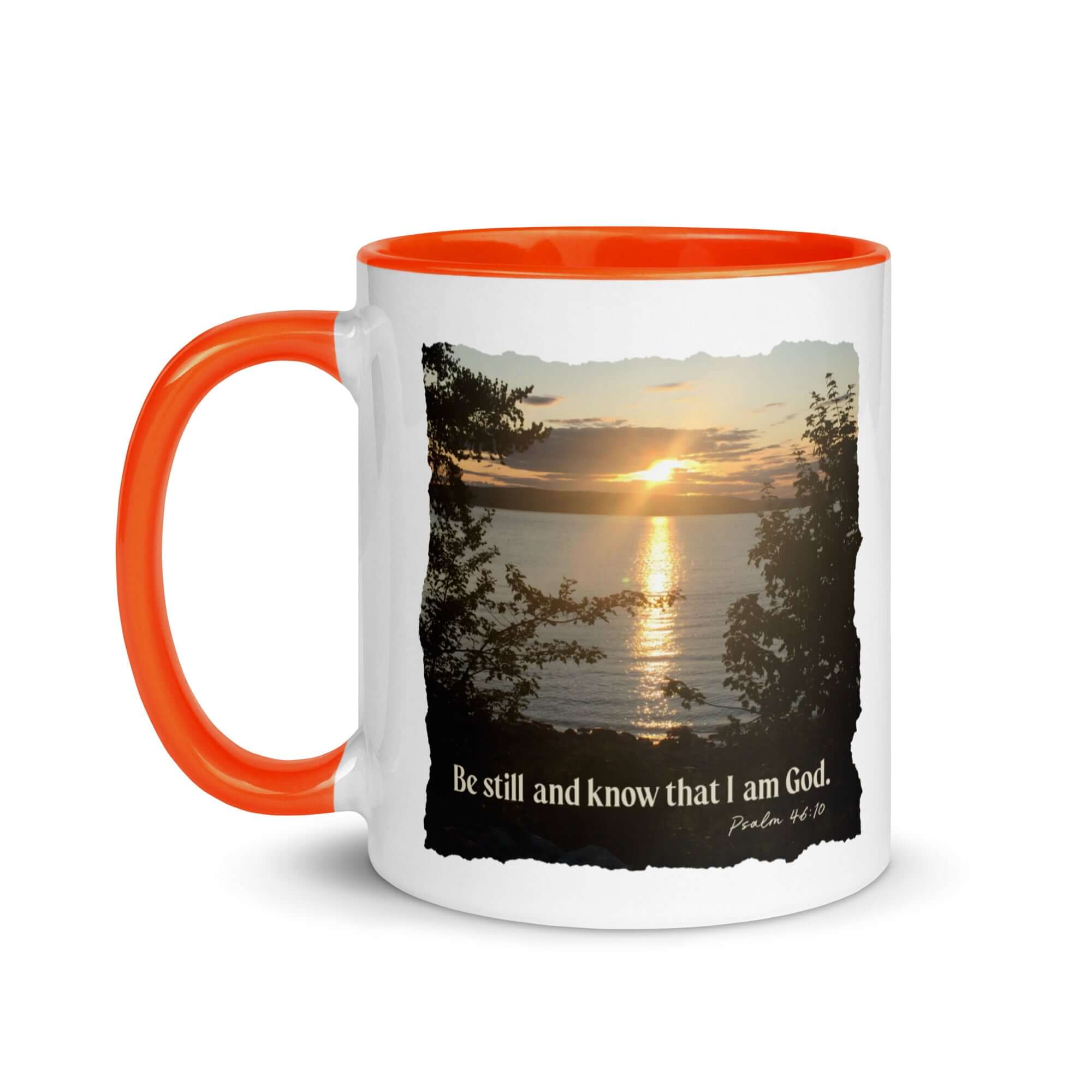Psalm 46:10 Bible Verse, Sunset Glory White Ceramic Mug with Color Inside