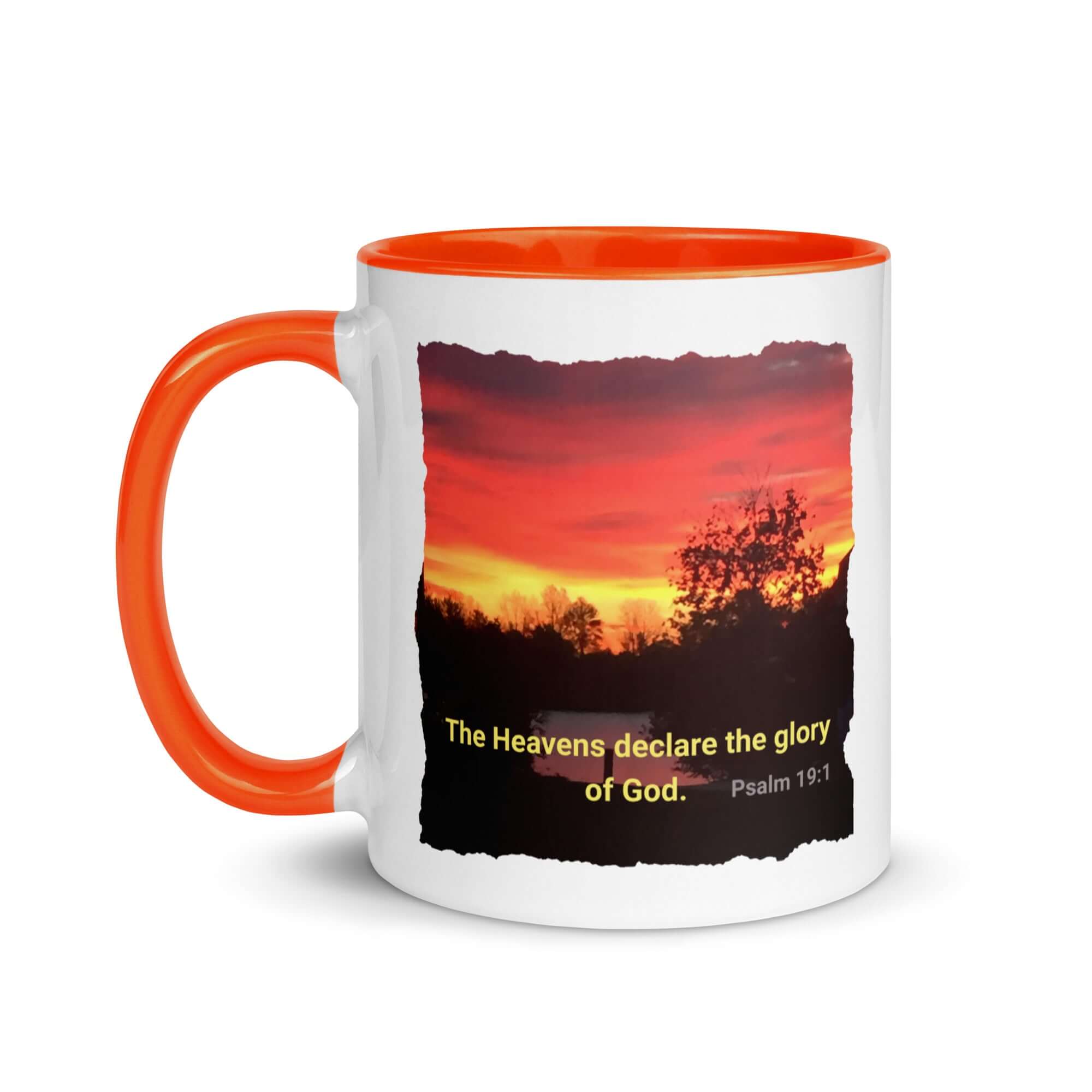 Psalm 19:1 Bible Verse, Sunset Glory White Ceramic Mug with Color Inside