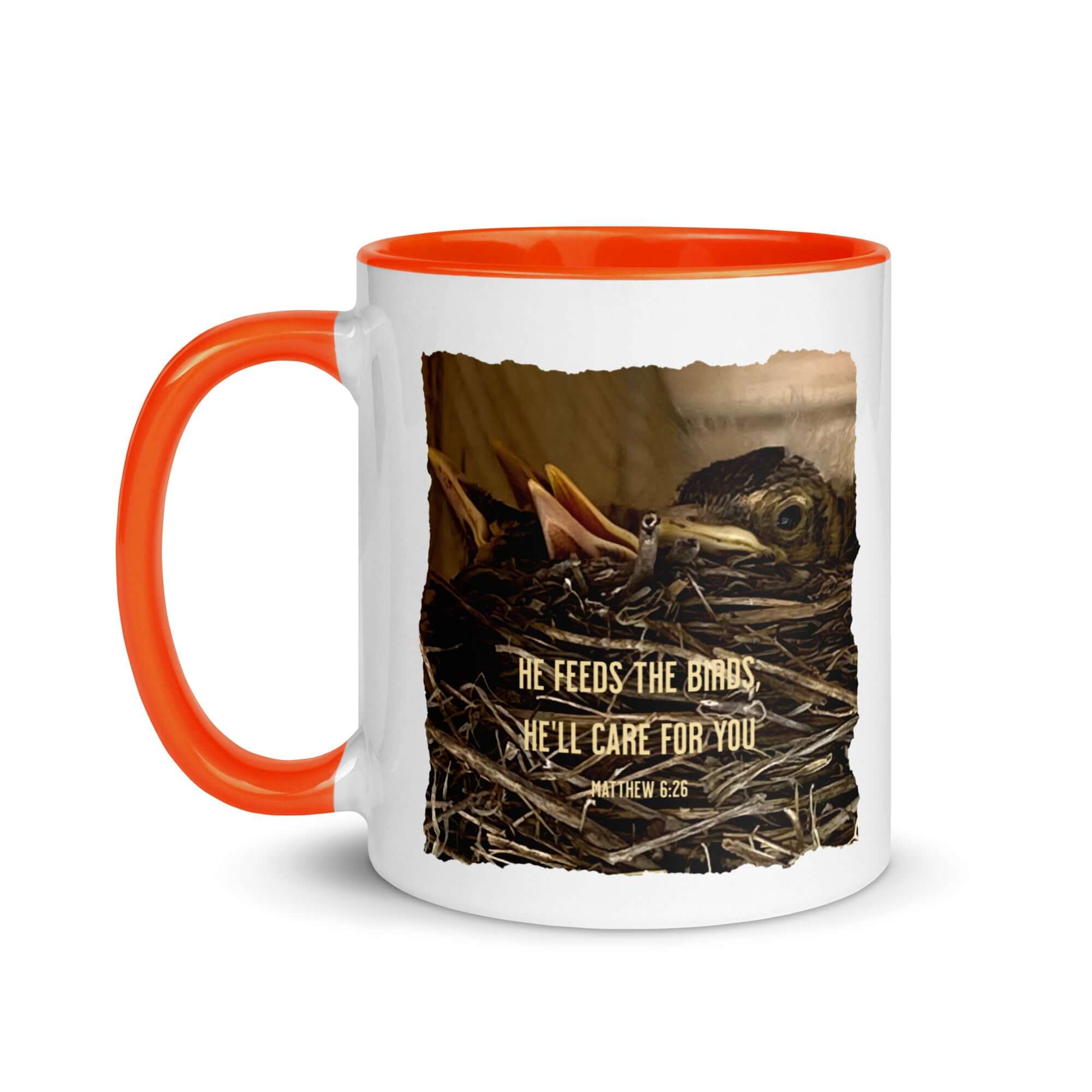 Matthew 6:26 Baby Robins, He'll Care for You White Ceramic Mug with Color Inside