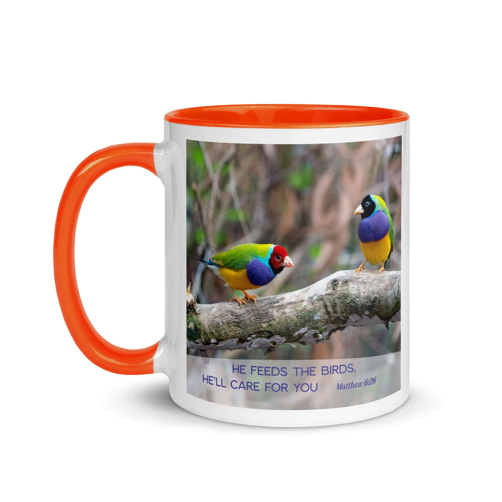 Matthew 6:26 Gouldian Finches, He'll Care for You White Ceramic Mug with Color Inside
