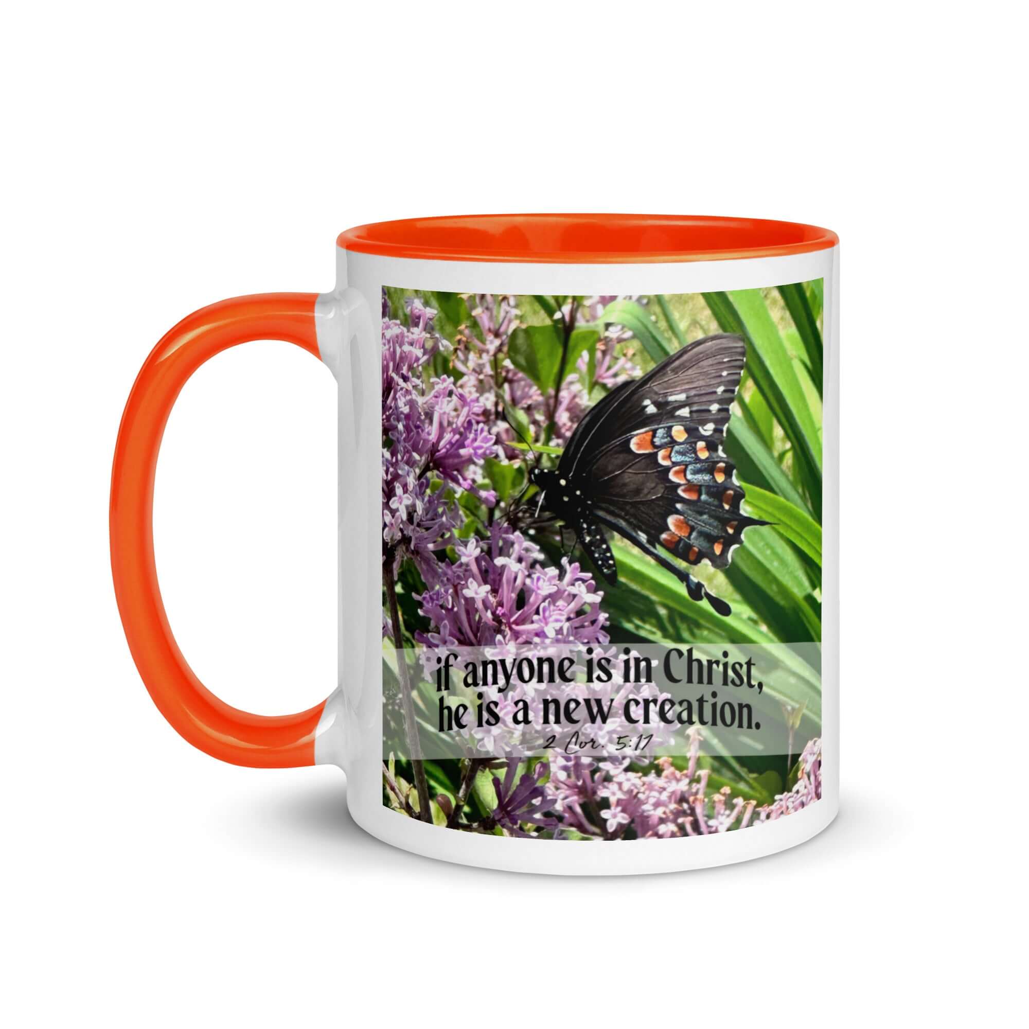 2 Corinthians 5:17 Bible Verse, Butterfly White Ceramic Mug with Color Inside