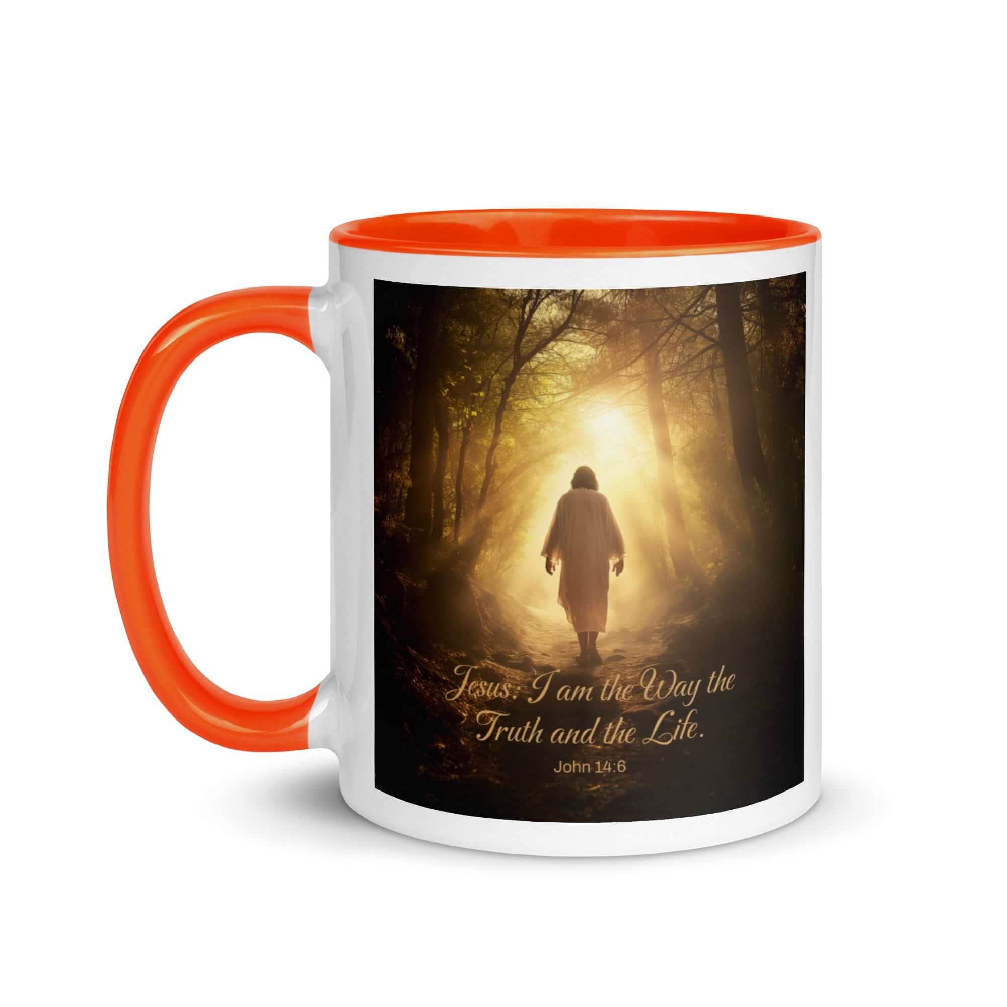 John 14:6 Bible Verse, Forest Image White Ceramic Mug with Color Inside