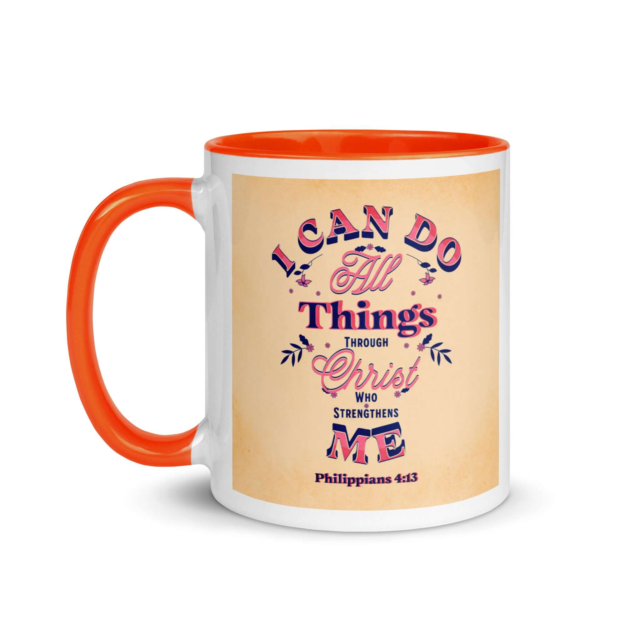 Philippians 4:13 Bible Verse, Christ Strengthens Me White Ceramic Mug with Color Inside