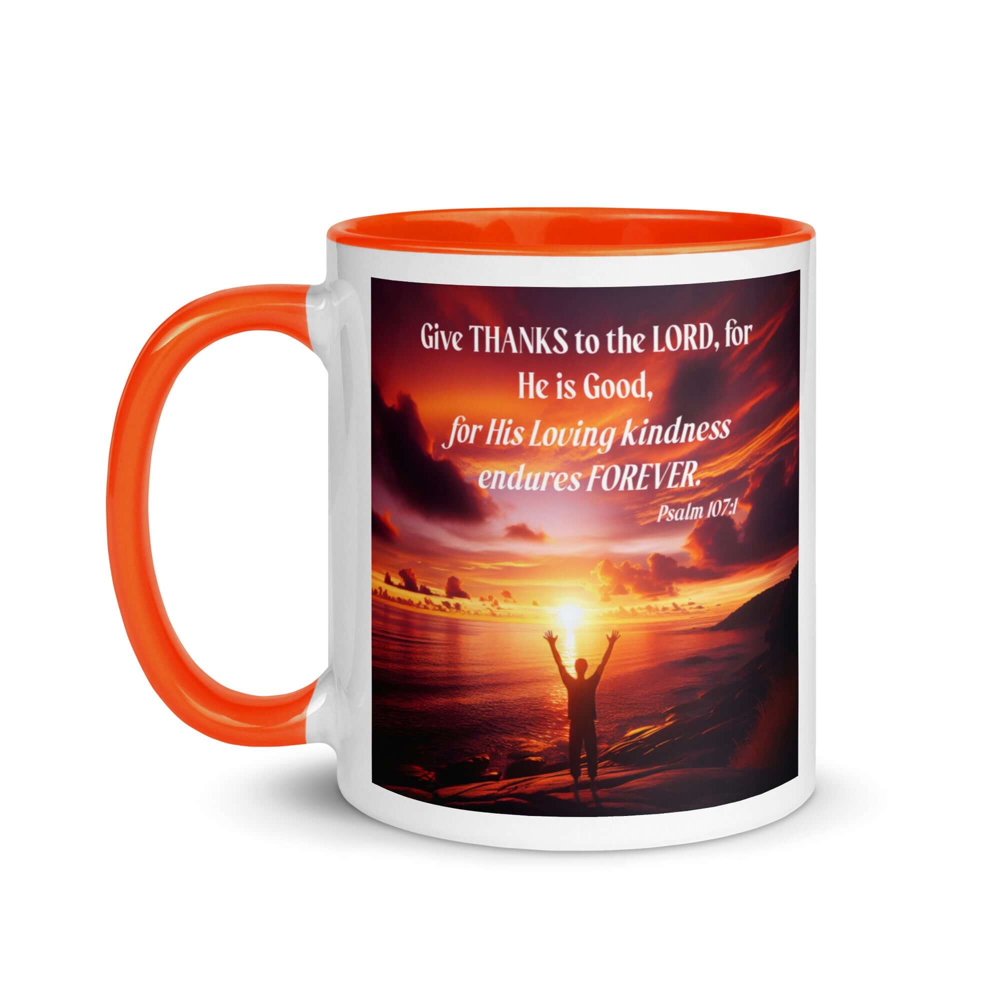 Psalm 107:1 Bible Verse, Give Thanks to the Lord White Ceramic Mug with Color Inside