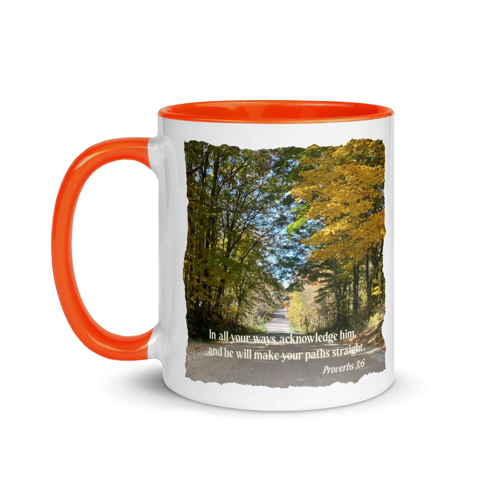 Proverbs 3:6 Bible Verse, Fall Road White Ceramic Mug with Color Inside