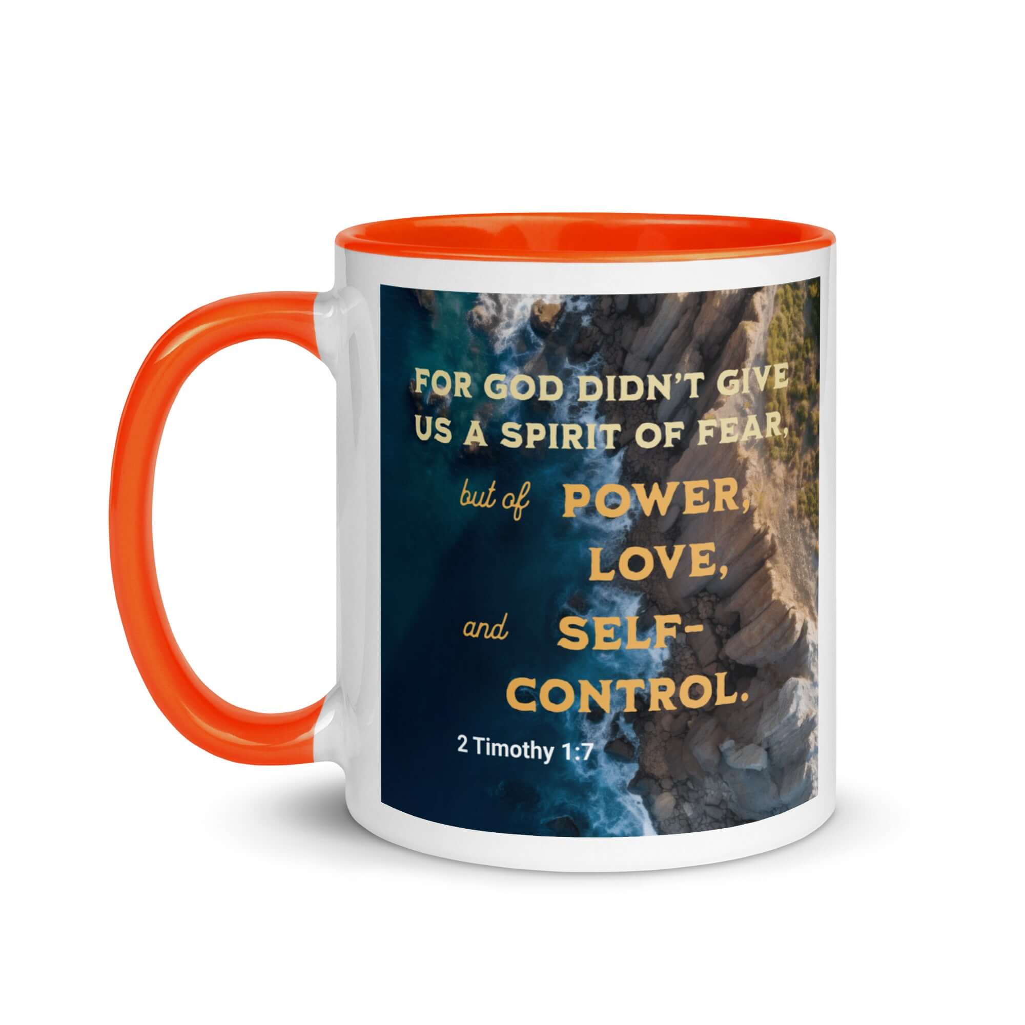 2 Timothy 1:7 Bible Verse, Power, Love, Self-Control White Ceramic Mug with Color Inside