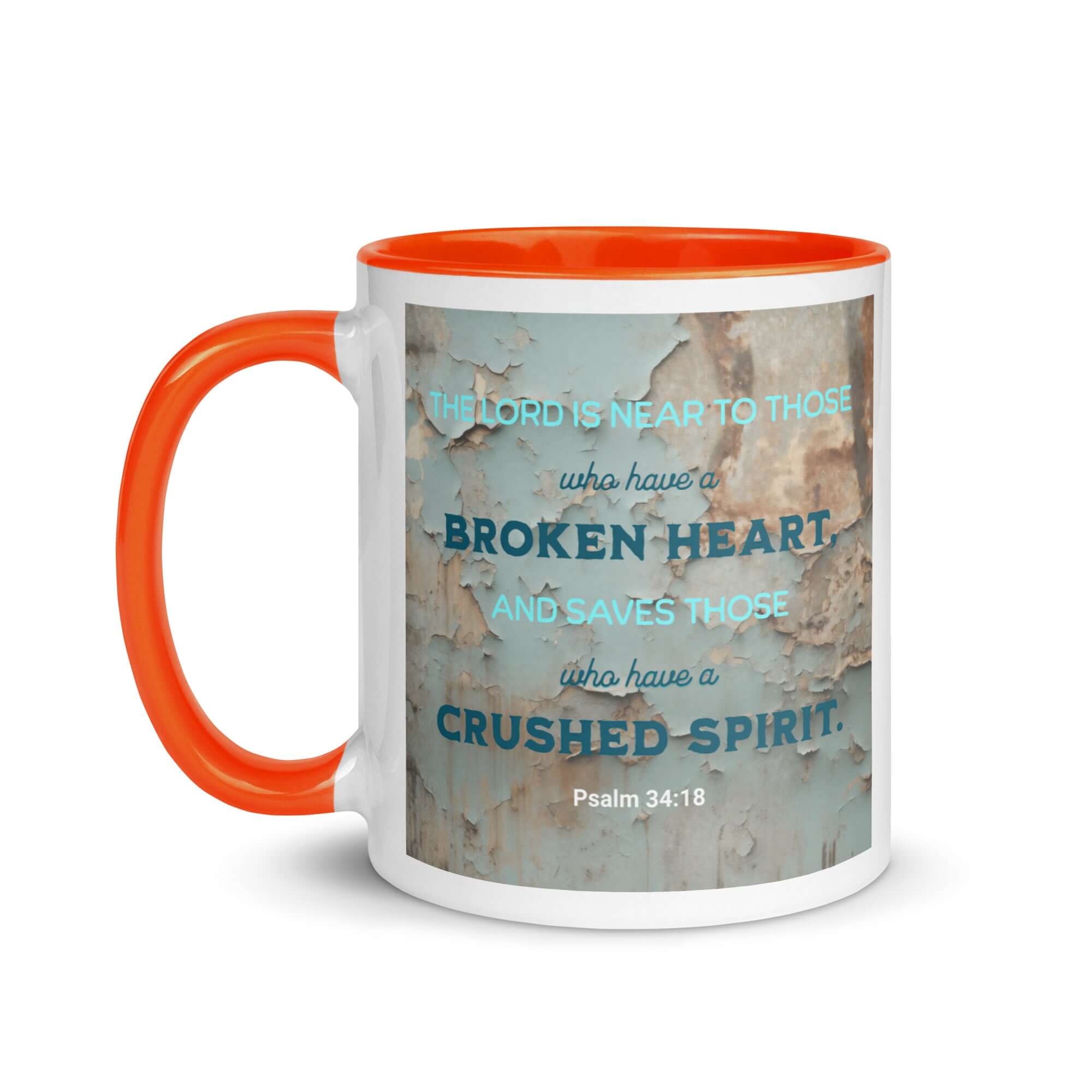 Psalm 34:18 Bible Verse, The LORD is Near White Ceramic Mug with Color Inside