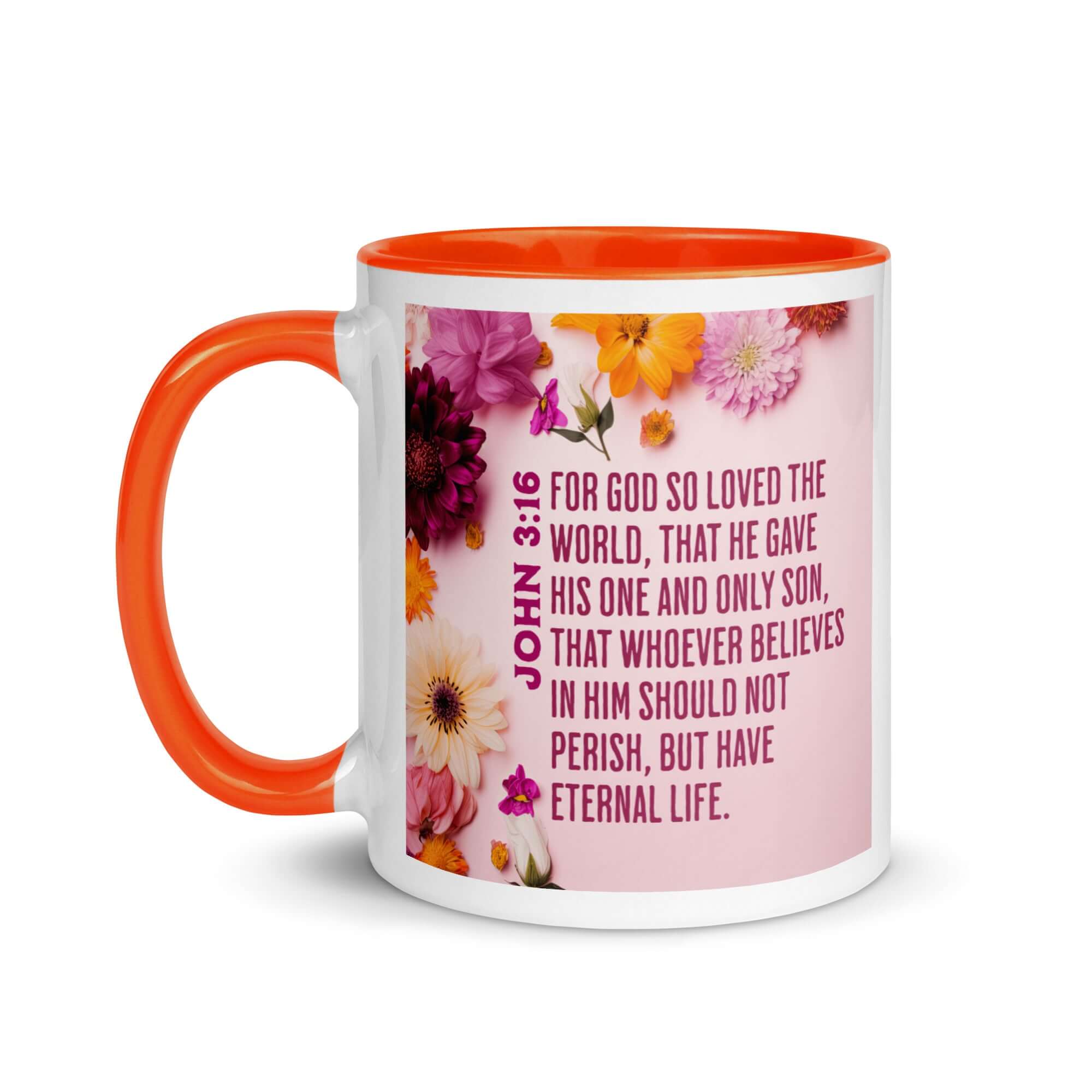 John 3:16 Bible Verse, For God So Loved White Ceramic Mug with Color Inside