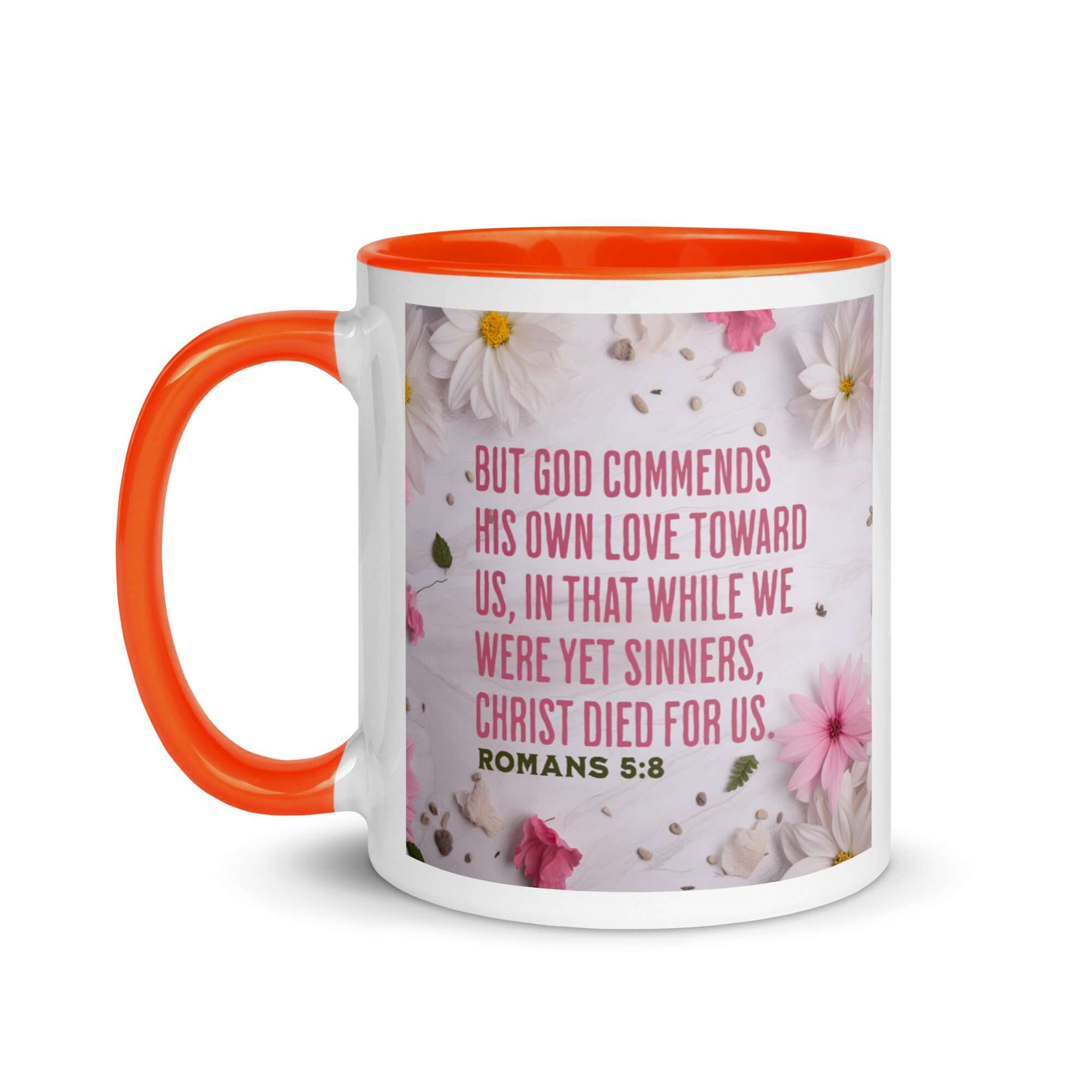 Romans 5:8 Bible Verse, Christ Died for Us White Ceramic Mug with Color Inside