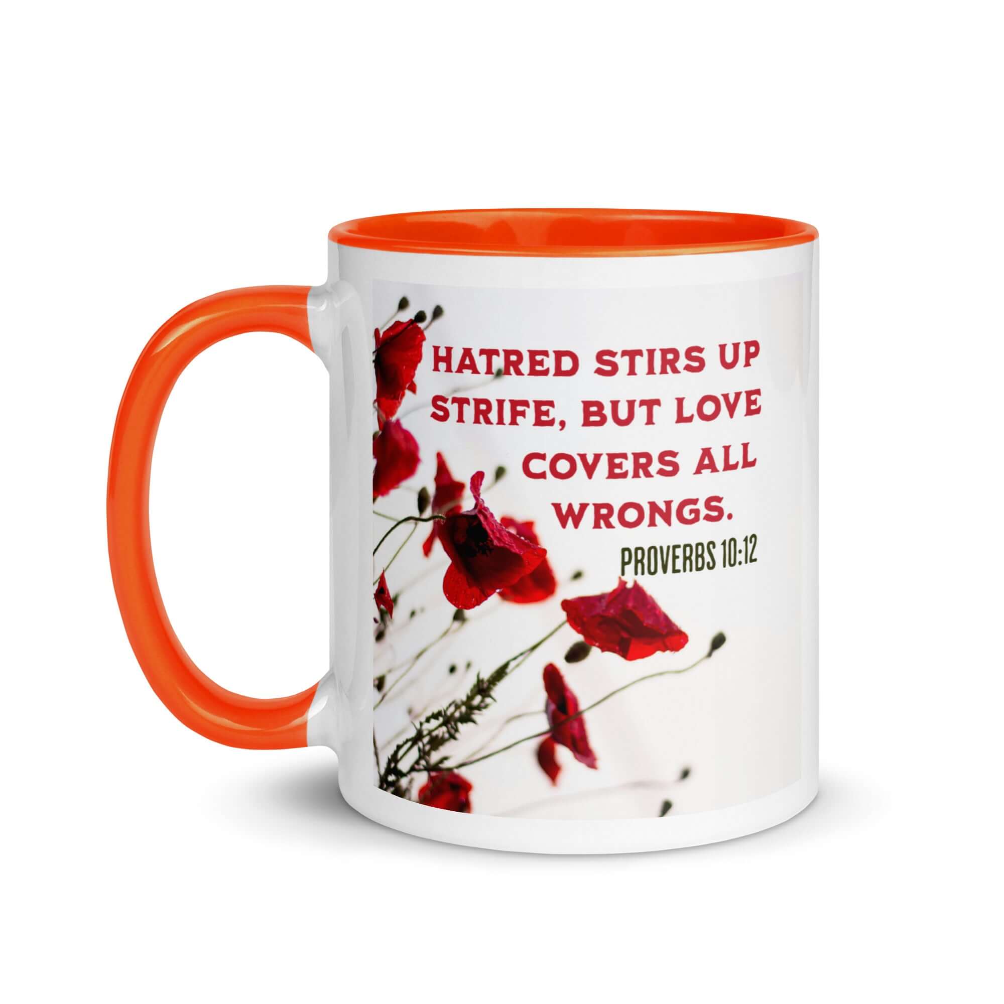 Proverbs 10:12 Bible Verse, Love Covers All White Ceramic Mug with Color Inside