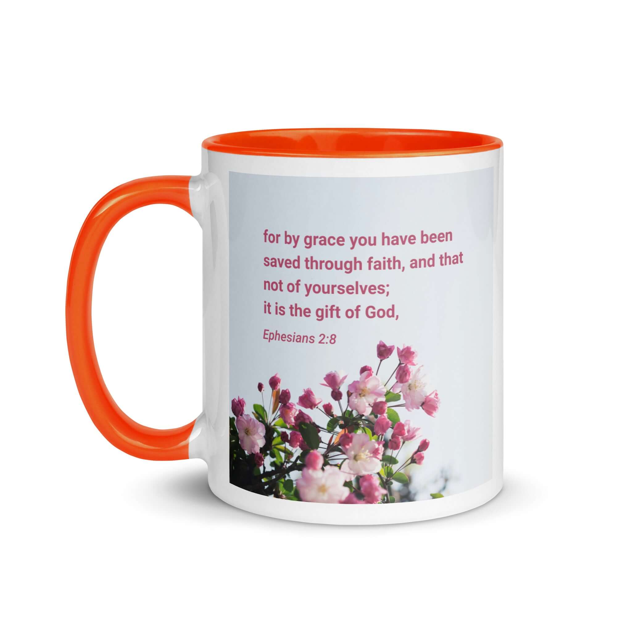 Ephesians 2:8 Bible Verse, saved through faith White Ceramic Mug with Color Inside