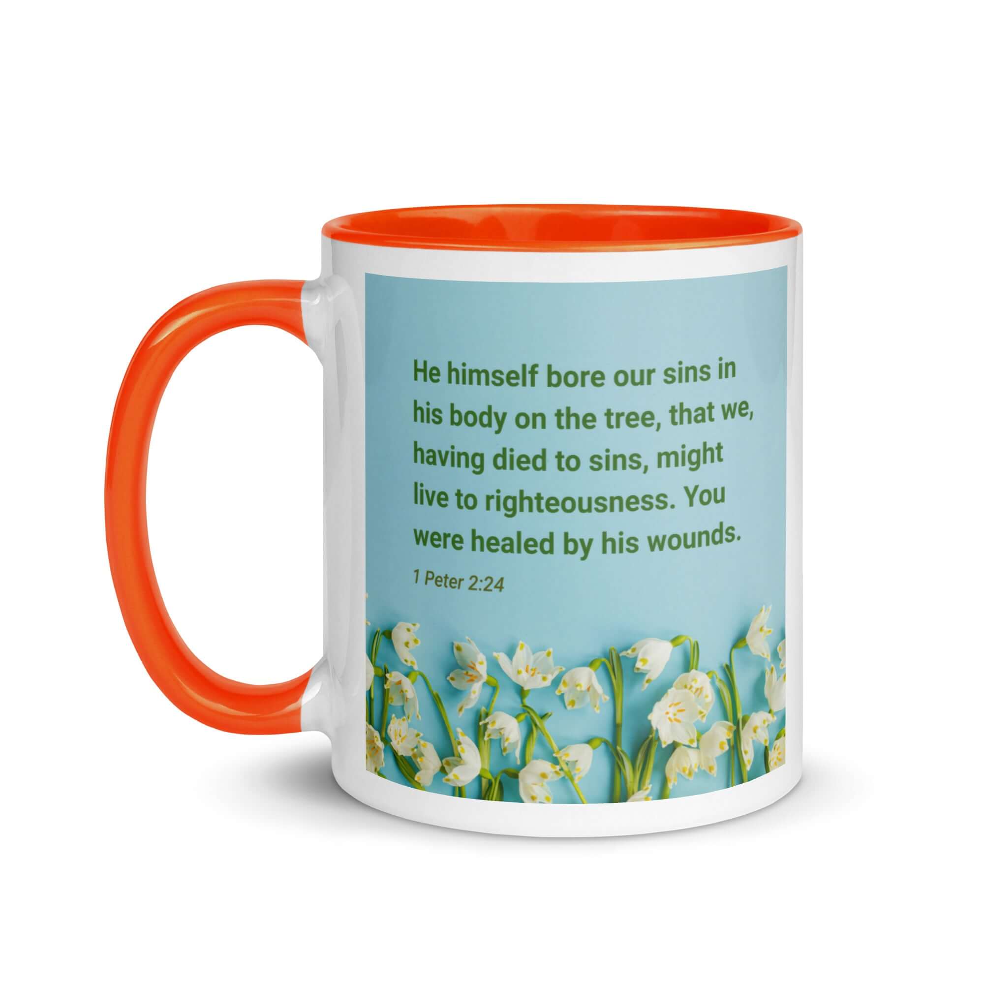 1 Peter 2:24 Bible Verse, healed by His wounds White Ceramic Mug with Color Inside