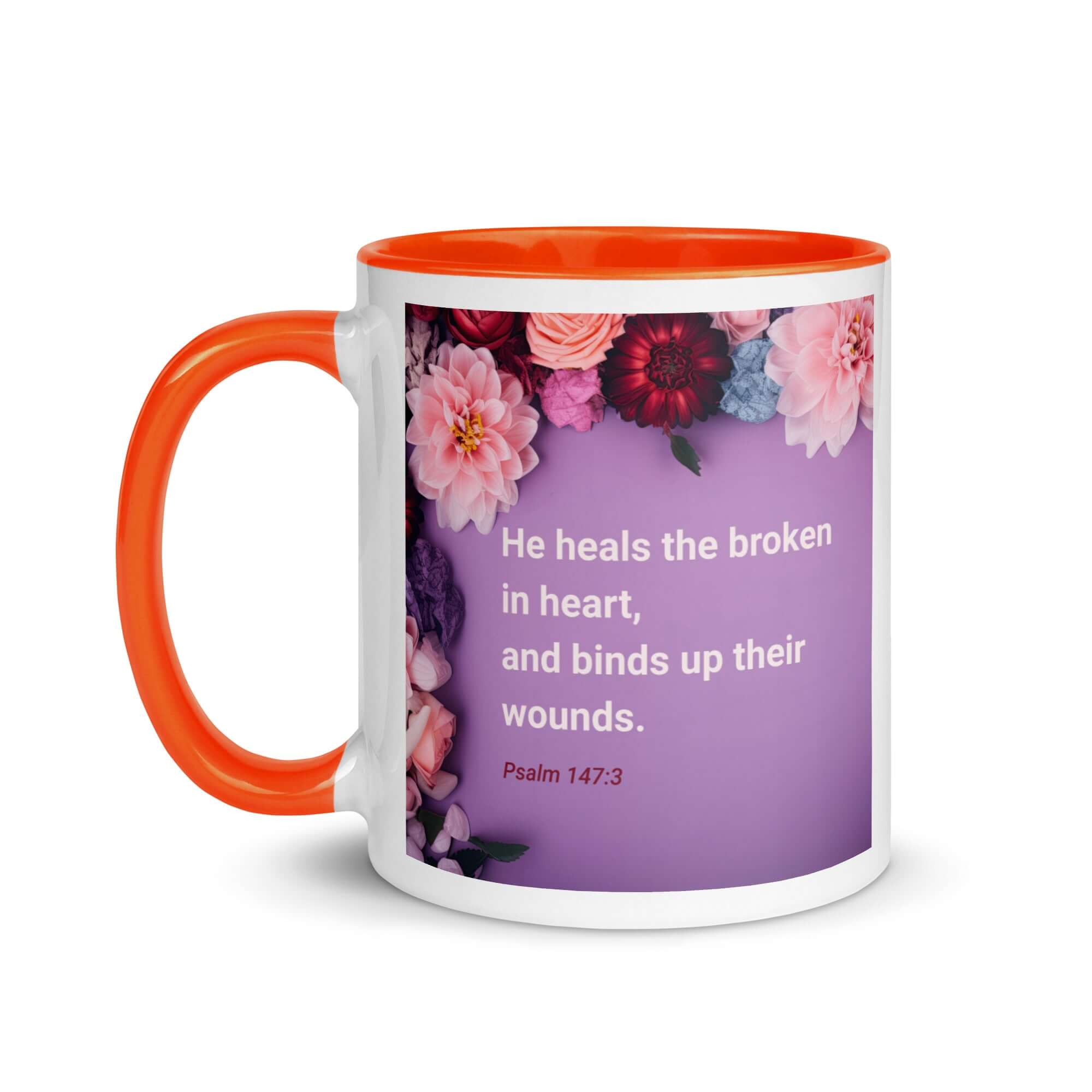 Psalm 147:3 Bible Verse, He heals the broken White Ceramic Mug with Color Inside