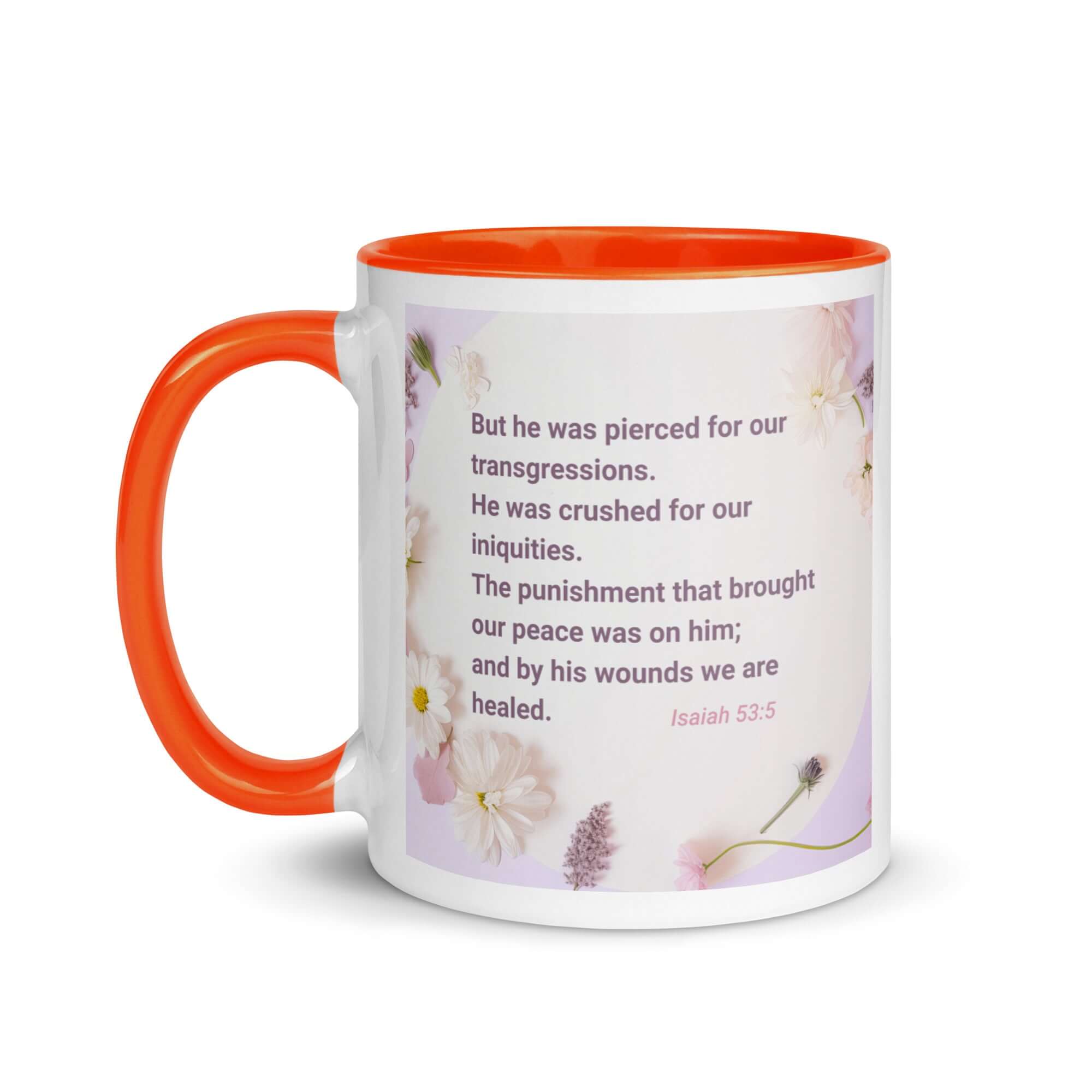Isaiah 53:5 Bible Verse, by his wounds White Ceramic Mug with Color Inside