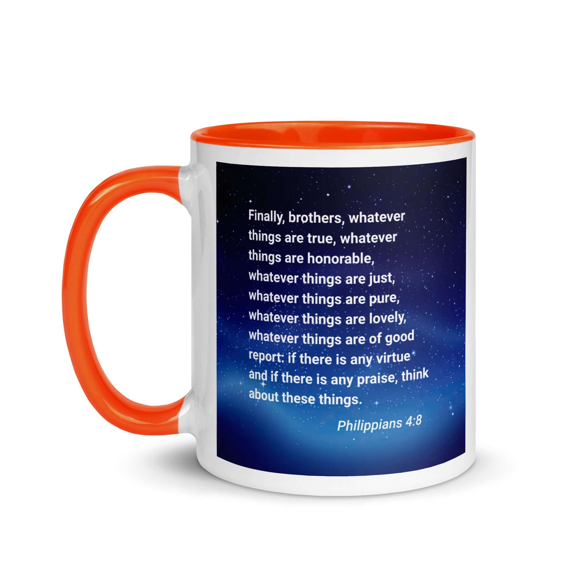 Philippians 4:8 Bible Verse, Think these things White Ceramic Mug with Color Inside