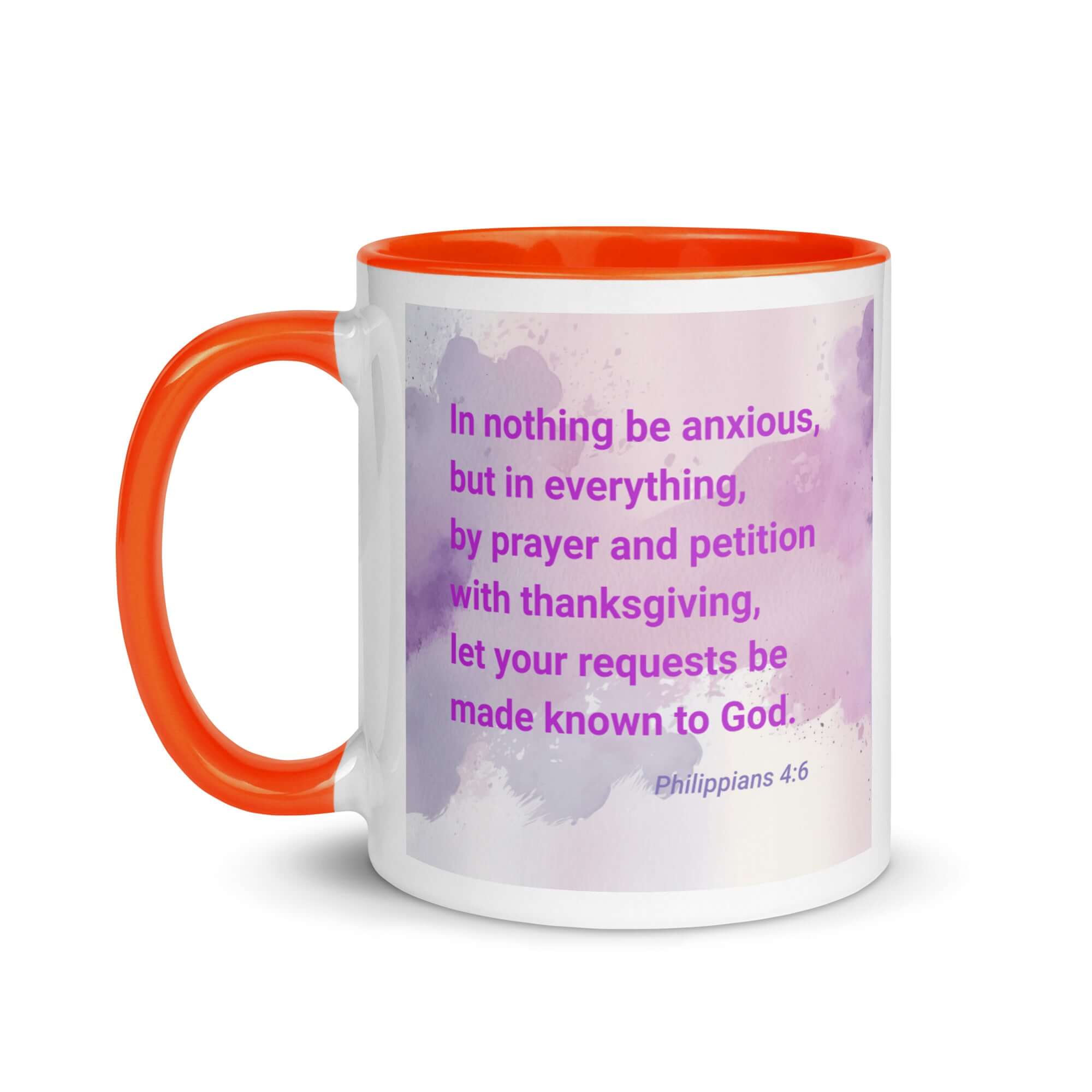 Philippians 4:6 Bible Verse, Prayer and Petition White Ceramic Mug with Color Inside