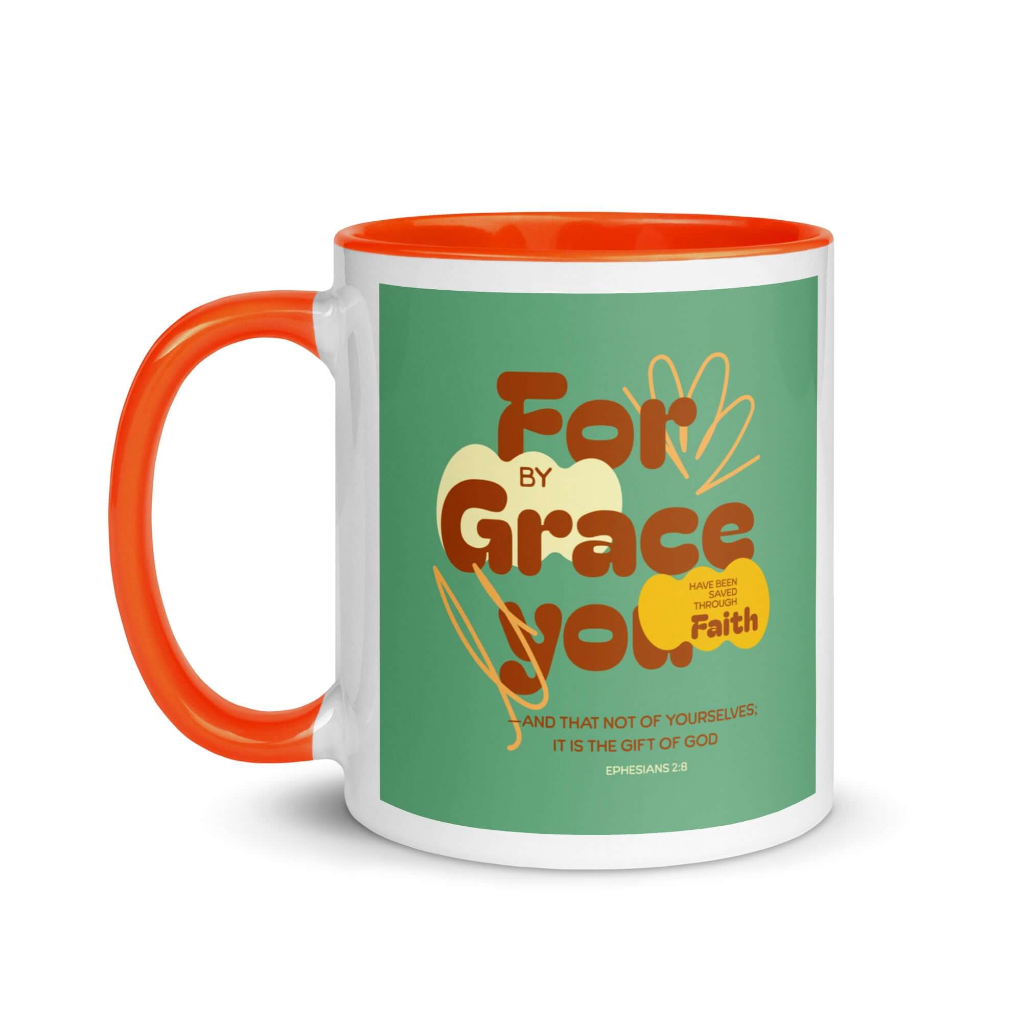 Ephesians 2:8 Bible Verse, for by grace White Ceramic Mug with Color Inside
