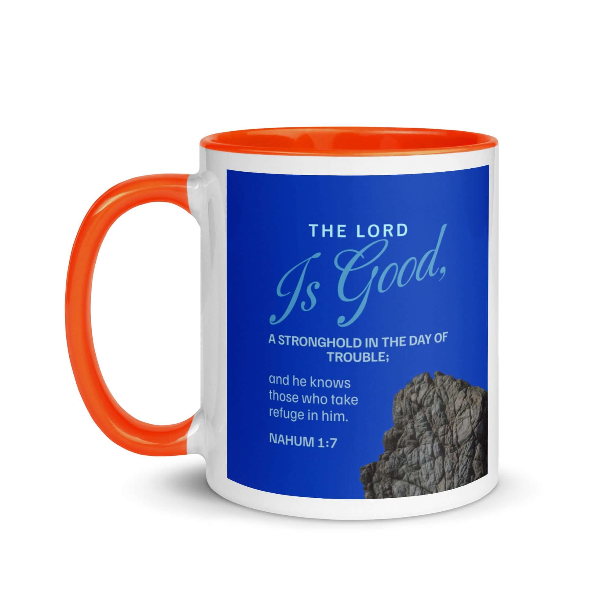 Nahum 1:7 Bible Verse, The LORD is a stronghold White Ceramic Mug with Color Inside