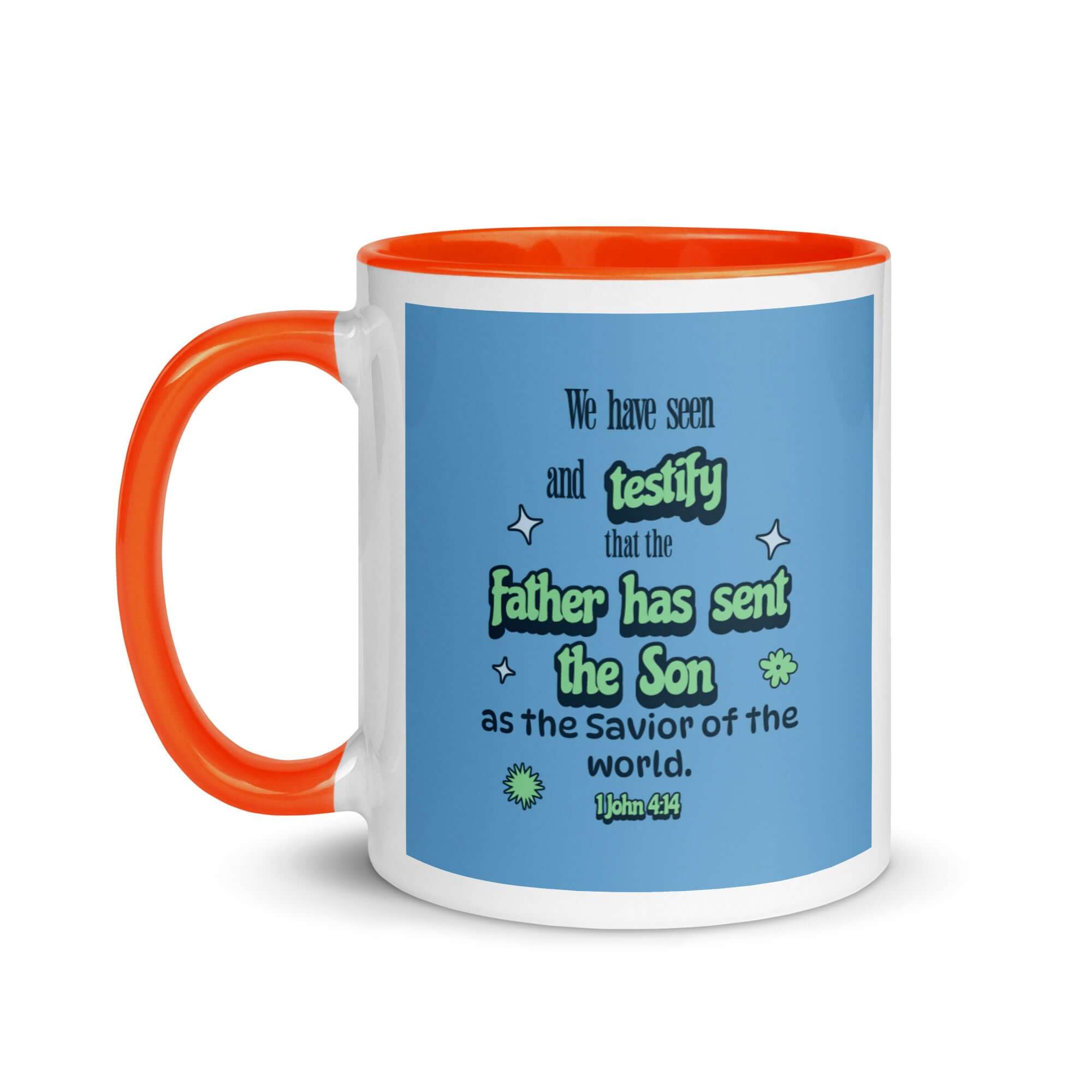 1 John 4:14 Bible Verse, sent the Son White Ceramic Mug with Color Inside