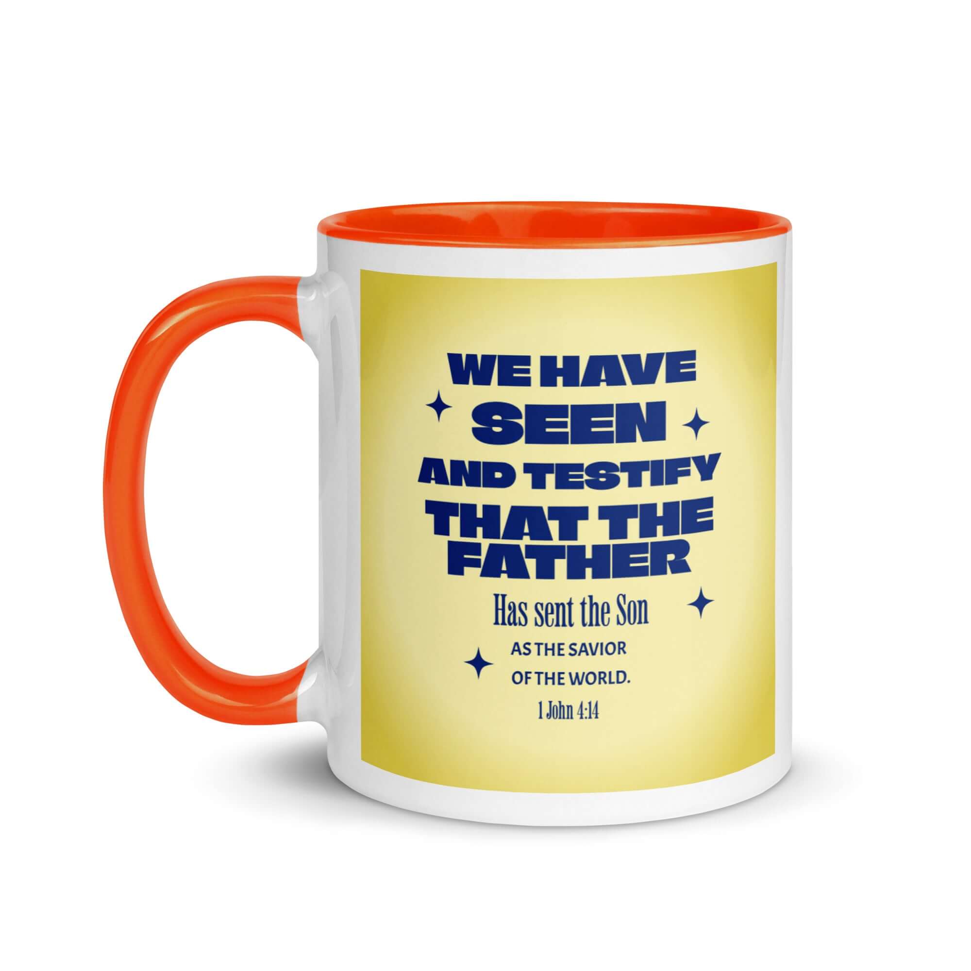 1 John 4:14 Bible Verse, Savior of the world White Ceramic Mug with Color Inside