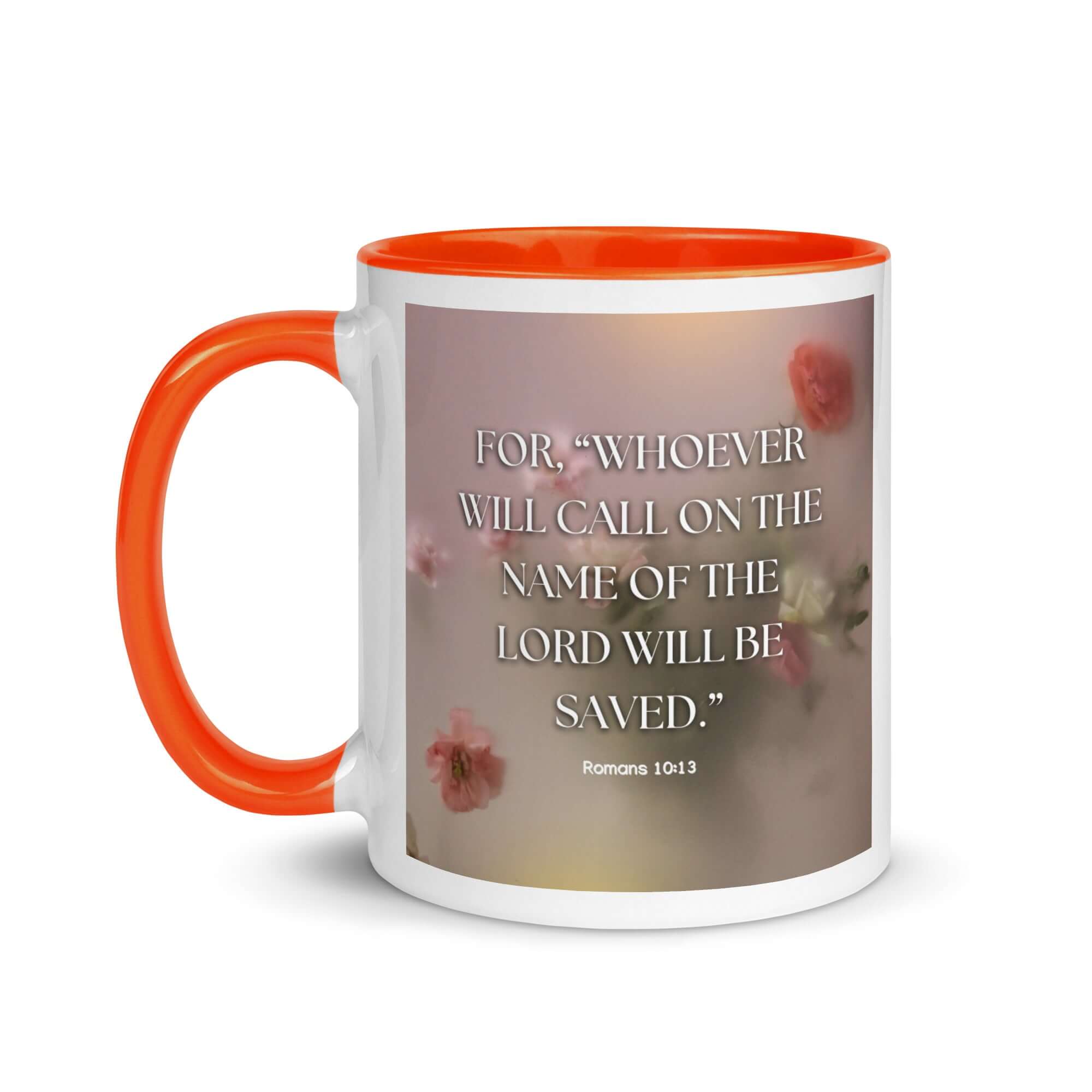 Romans 10:13 Bible Verse, will call White Ceramic Mug with Color Inside