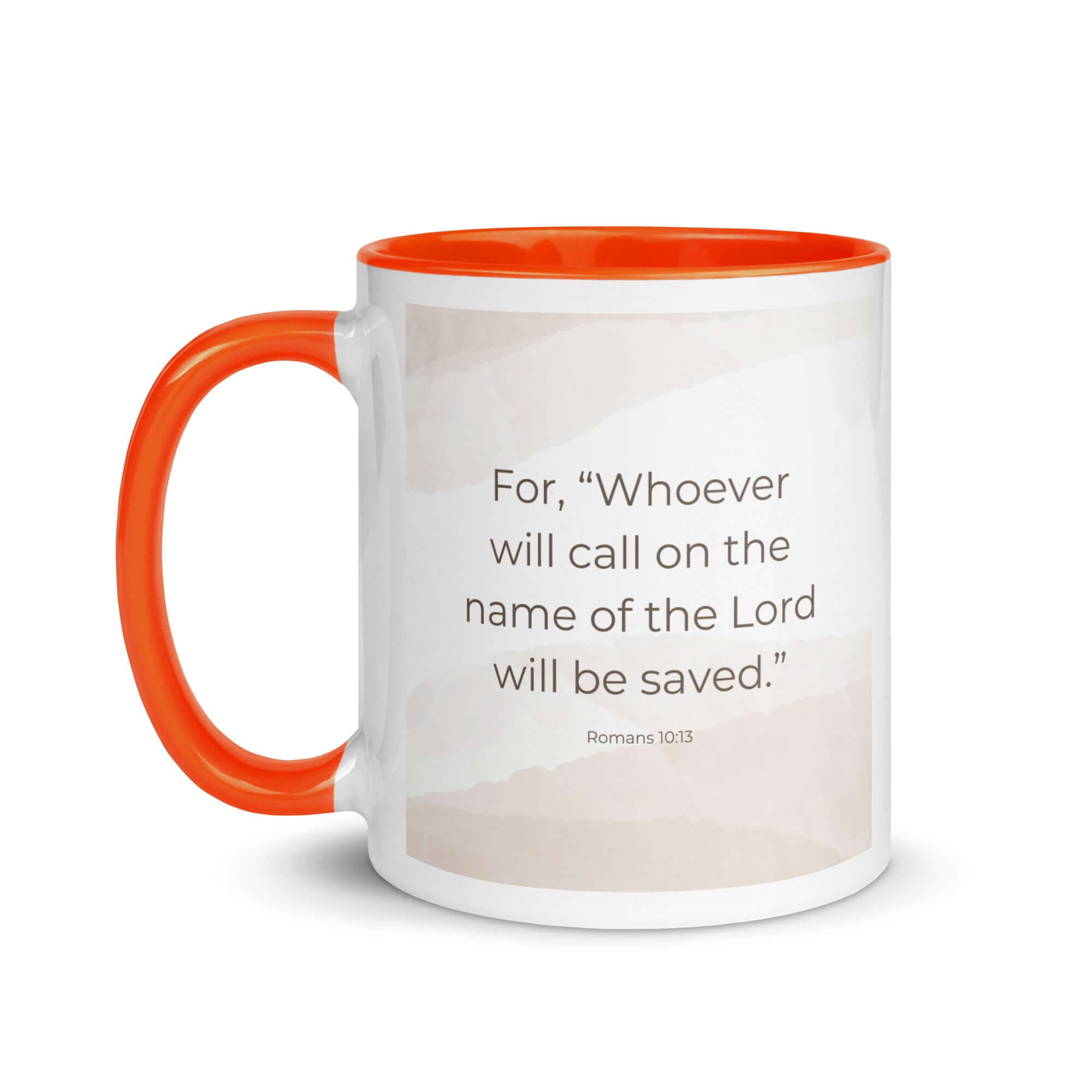 Romans 10:13 Bible Verse, the name White Ceramic Mug with Color Inside