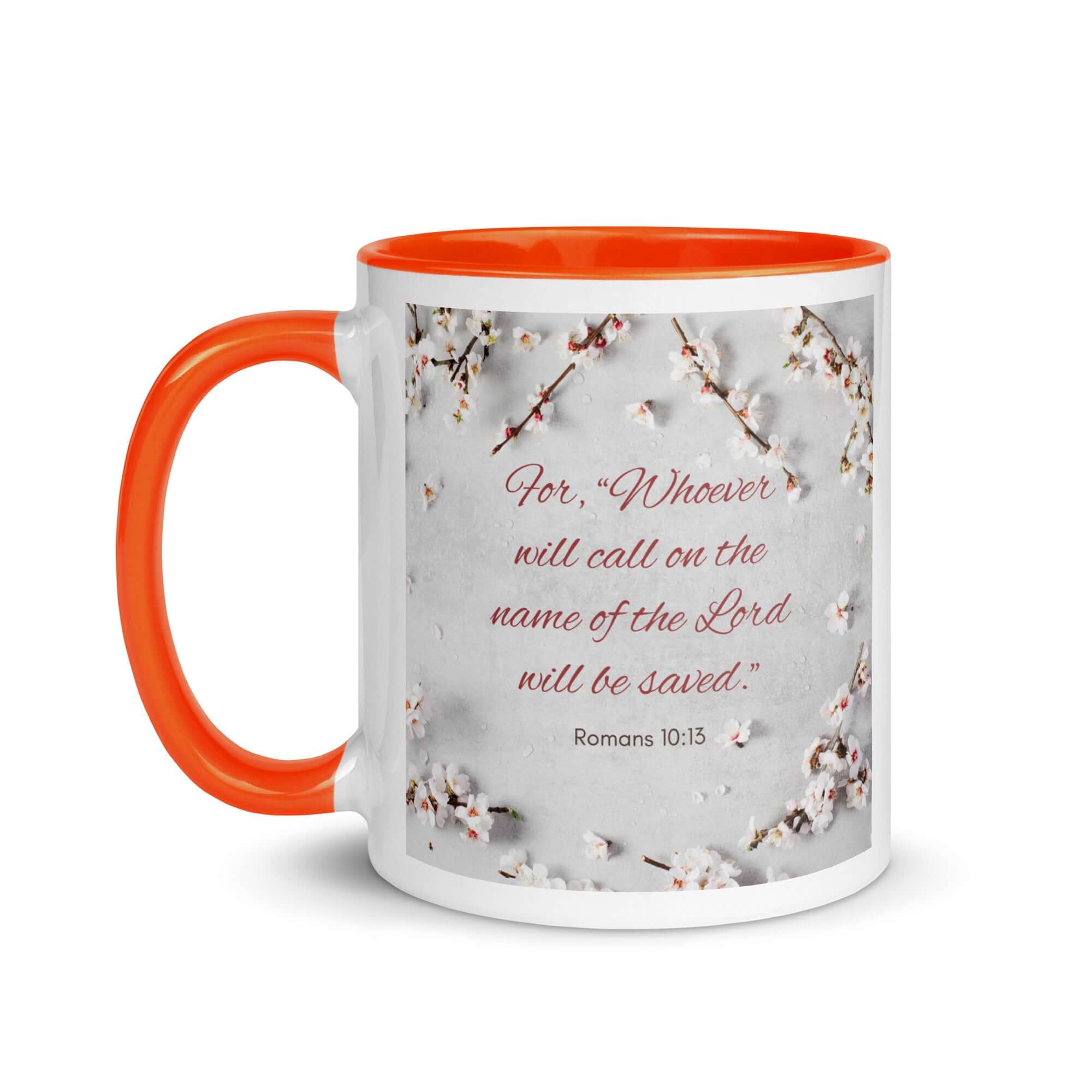 Romans 10:13 Bible Verse, the Lord White Ceramic Mug with Color Inside