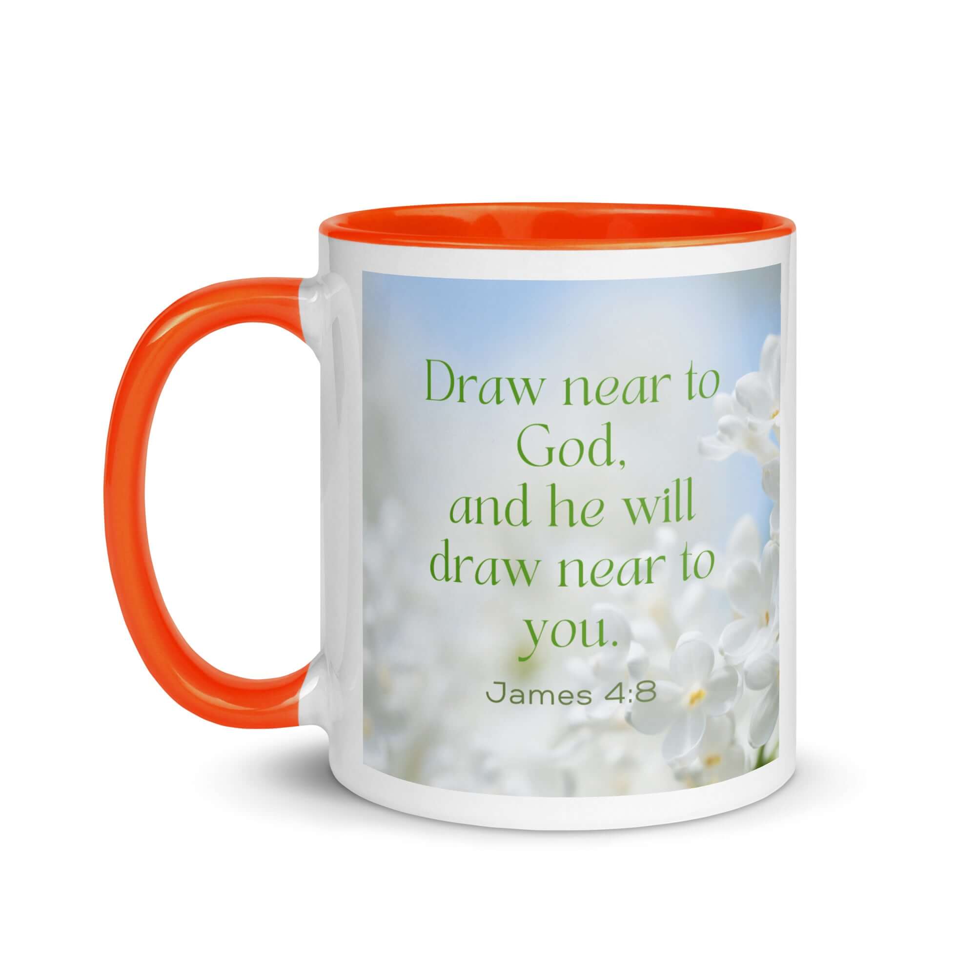 James 4:8 Bible Verse, Draw near White Ceramic Mug with Color Inside