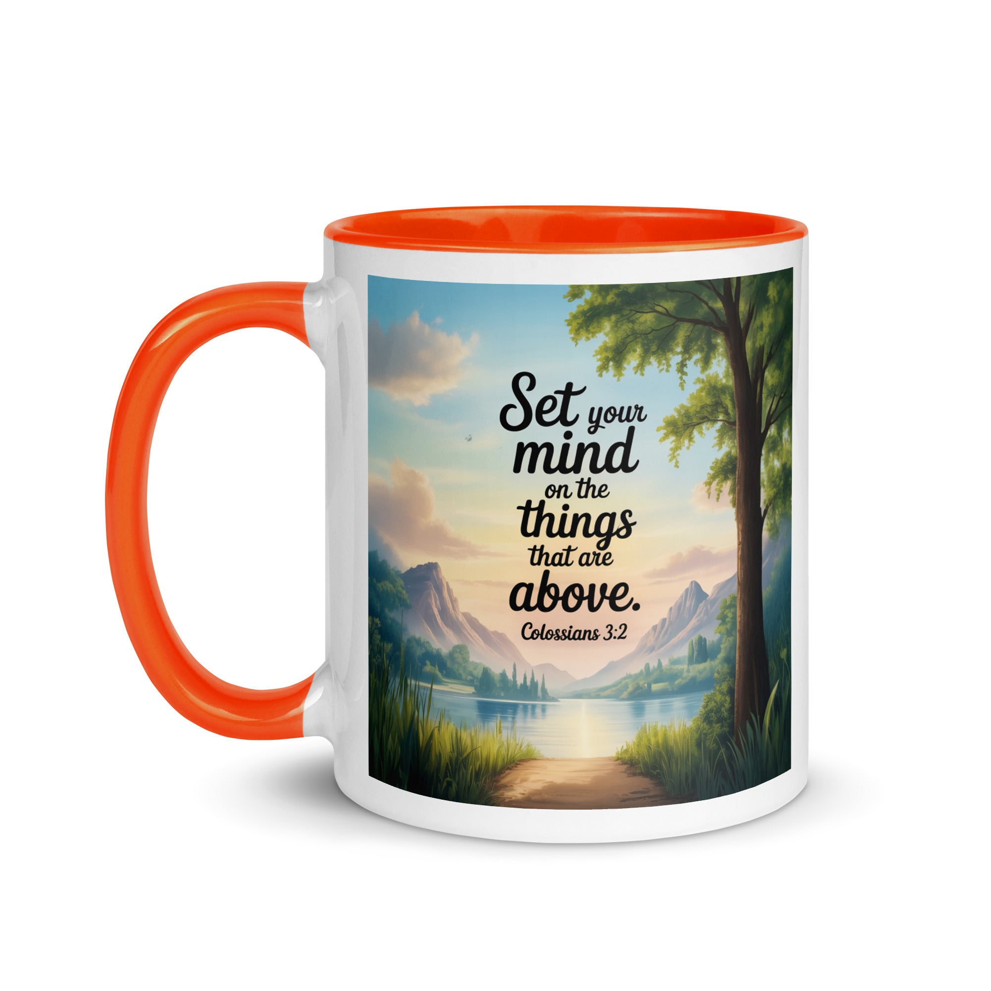 Colossians 3:2 Bible Verse Set White Ceramic Mug with Color Inside