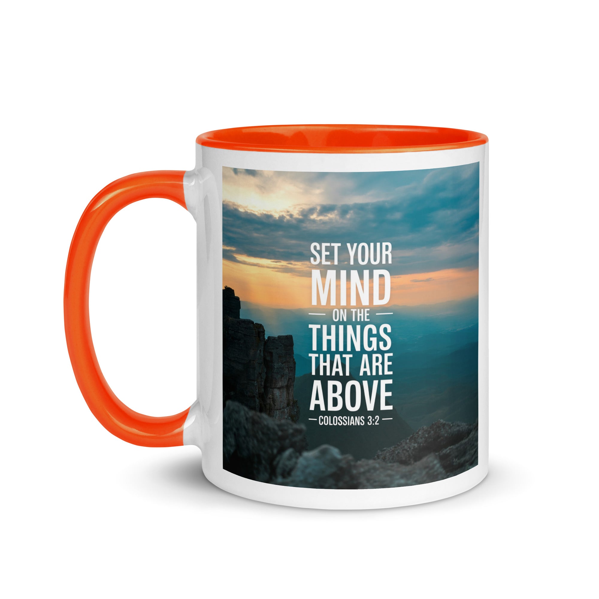 Colossians 3:2 Bible Verse on the White Ceramic Mug with Color Inside
