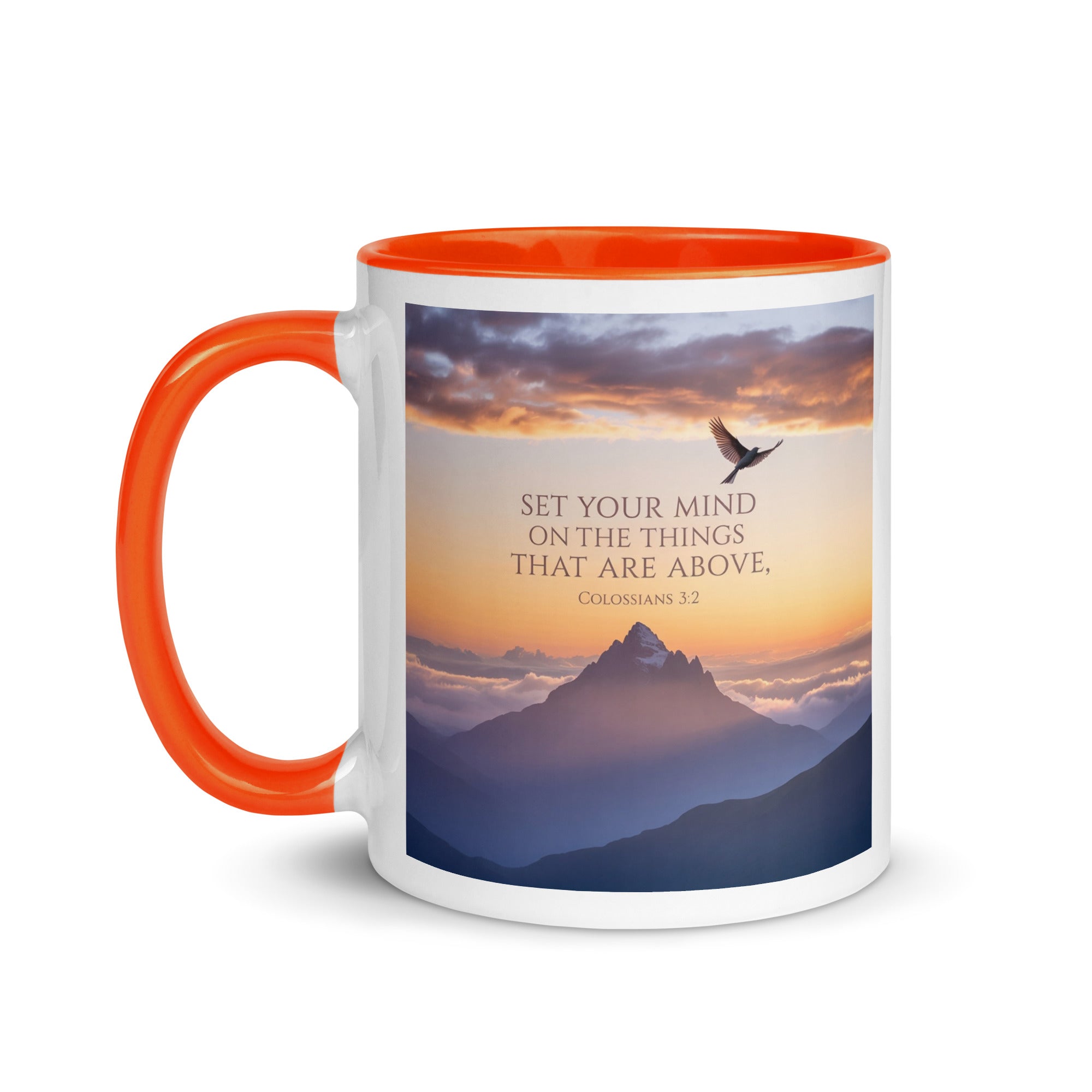 Colossians 3:2 Bible Verse are above White Ceramic Mug with Color Inside