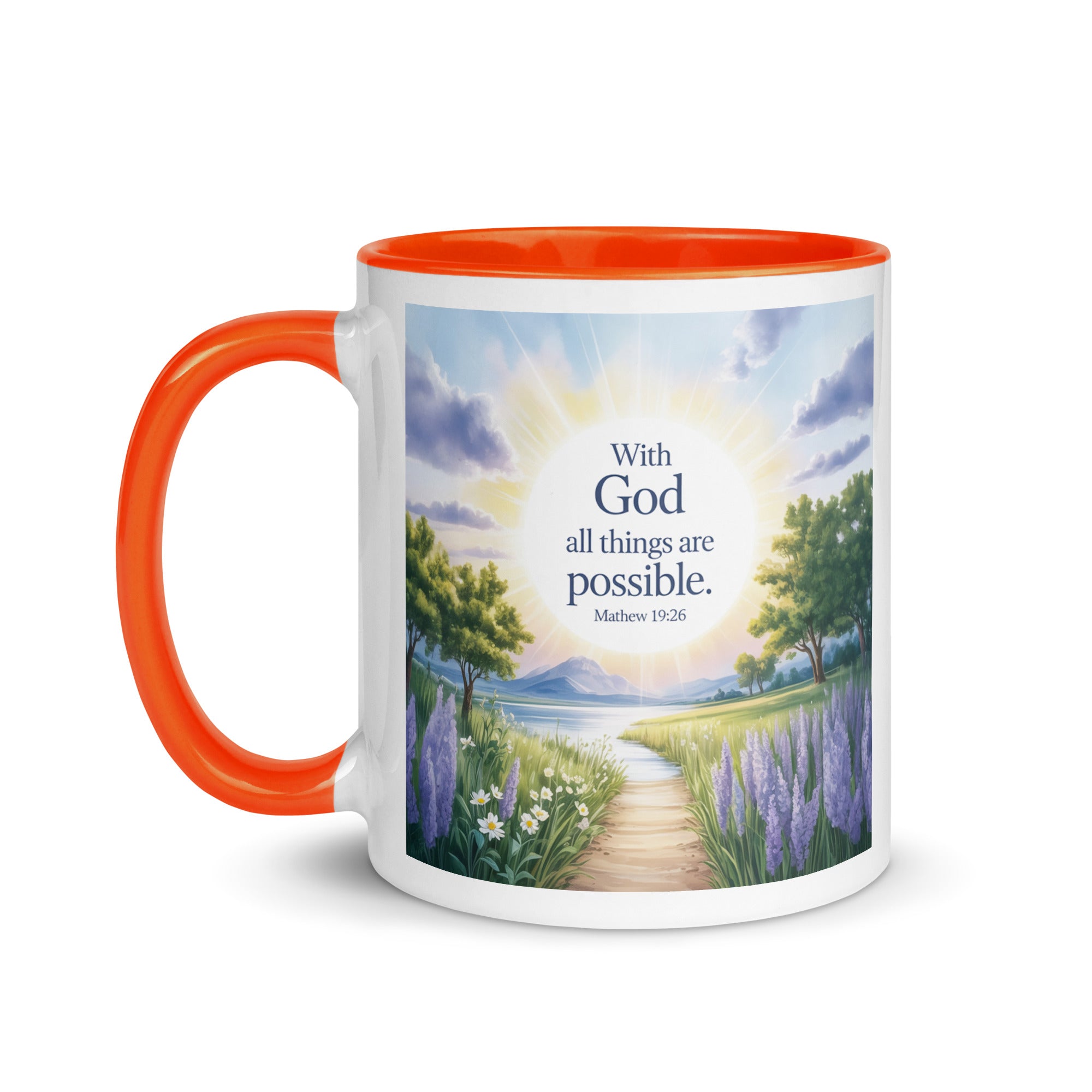 Matthew 19:26 Bible Verse Looking at White Ceramic Mug with Color Inside