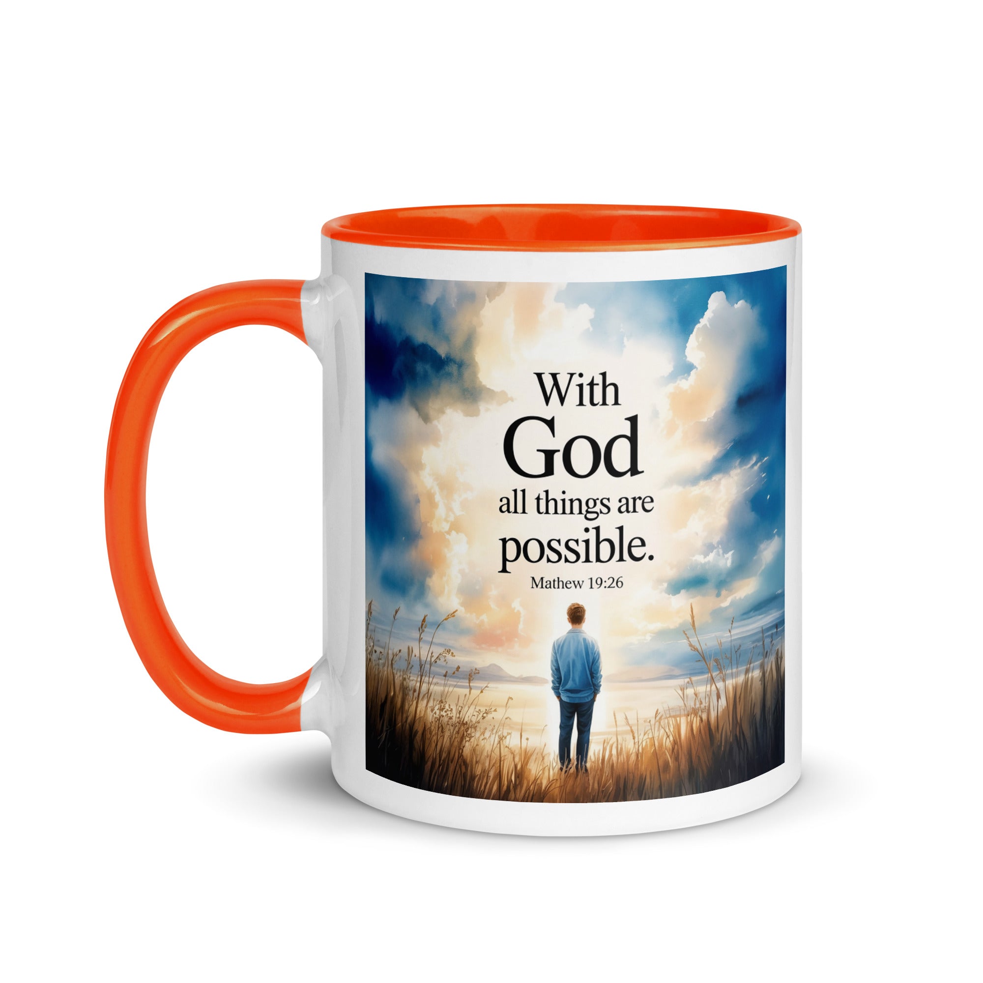 Matthew 19:26 Bible Verse Jesus White Ceramic Mug with Color Inside