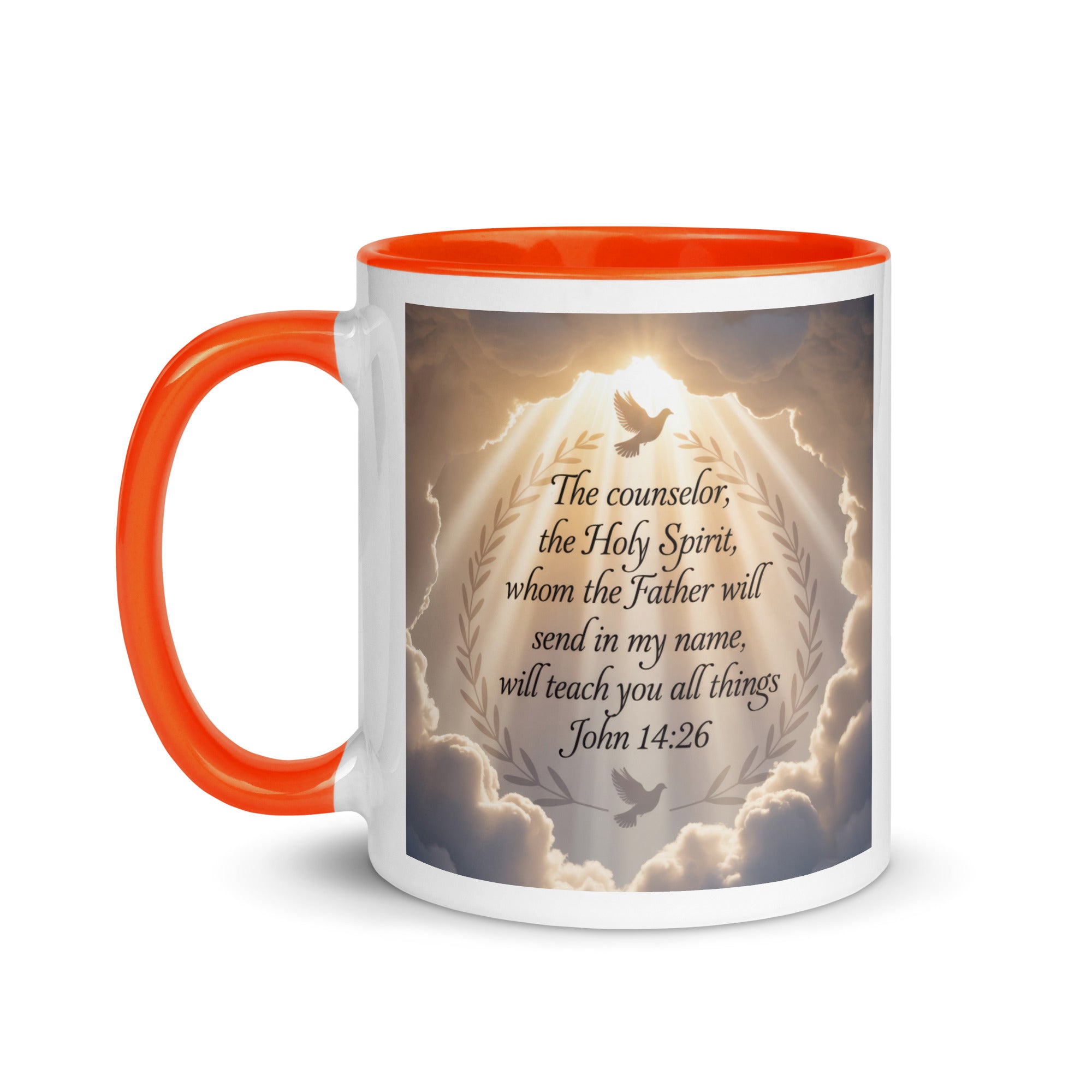John 14:26 Bible Verse Counselor White Ceramic Mug with Color Inside