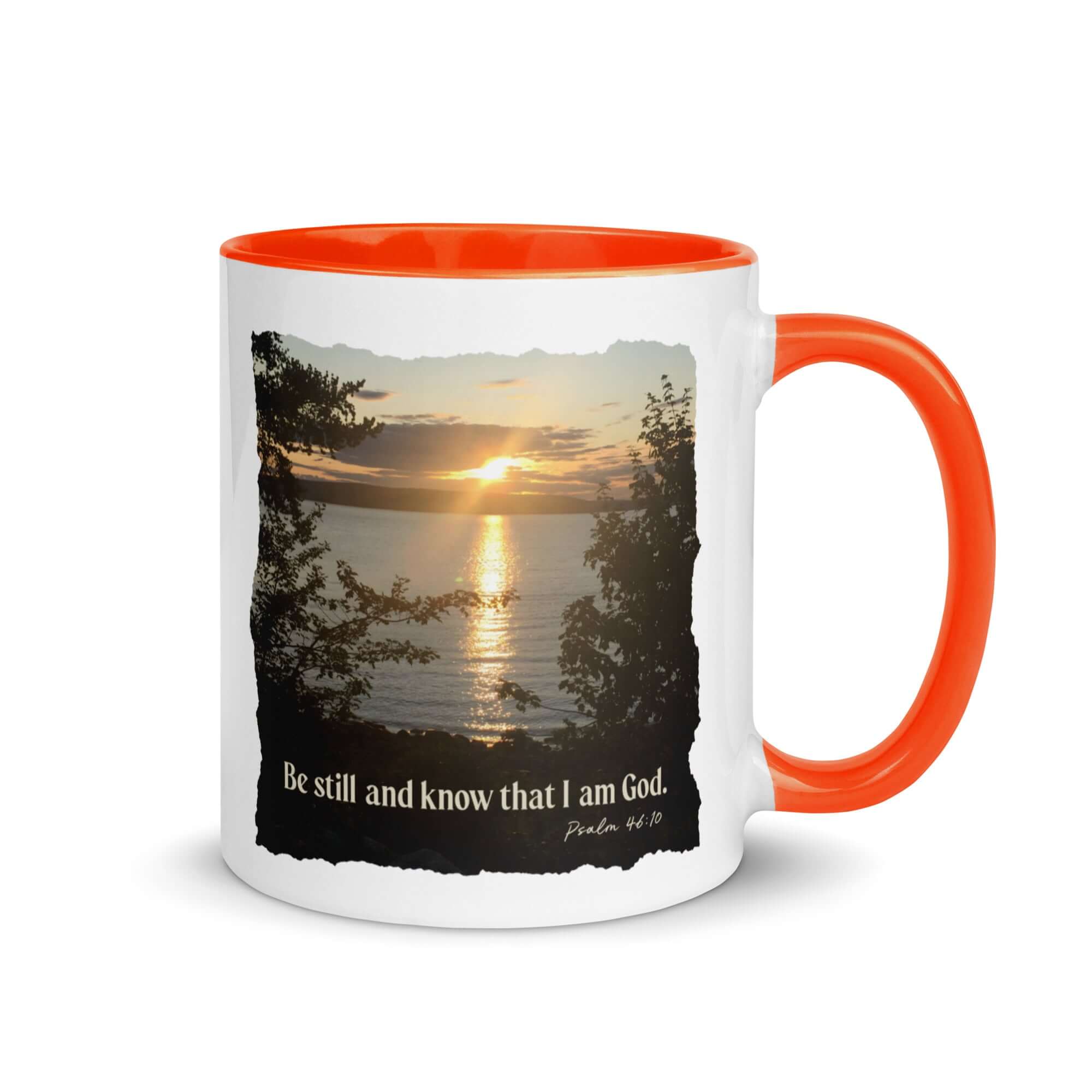 Psalm 46:10 Bible Verse, Sunset Glory White Ceramic Mug with Color Inside Orange 11 oz